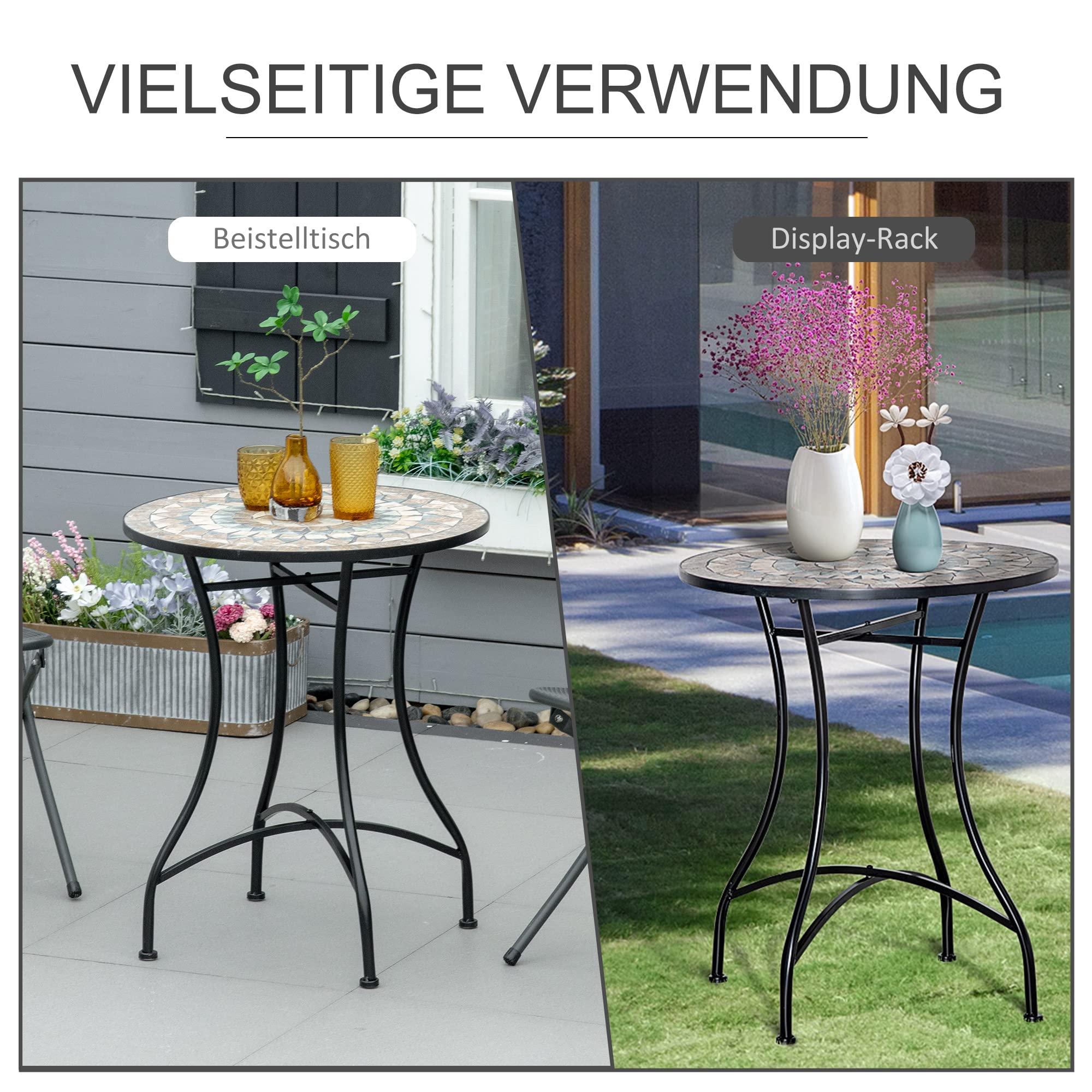 Outsunny Gartentisch Mosaiktisch Balkontisch Beistelltisch Seviertisch rund Stahl + Keramik Orange + Weiß Ø60 x H71 cm