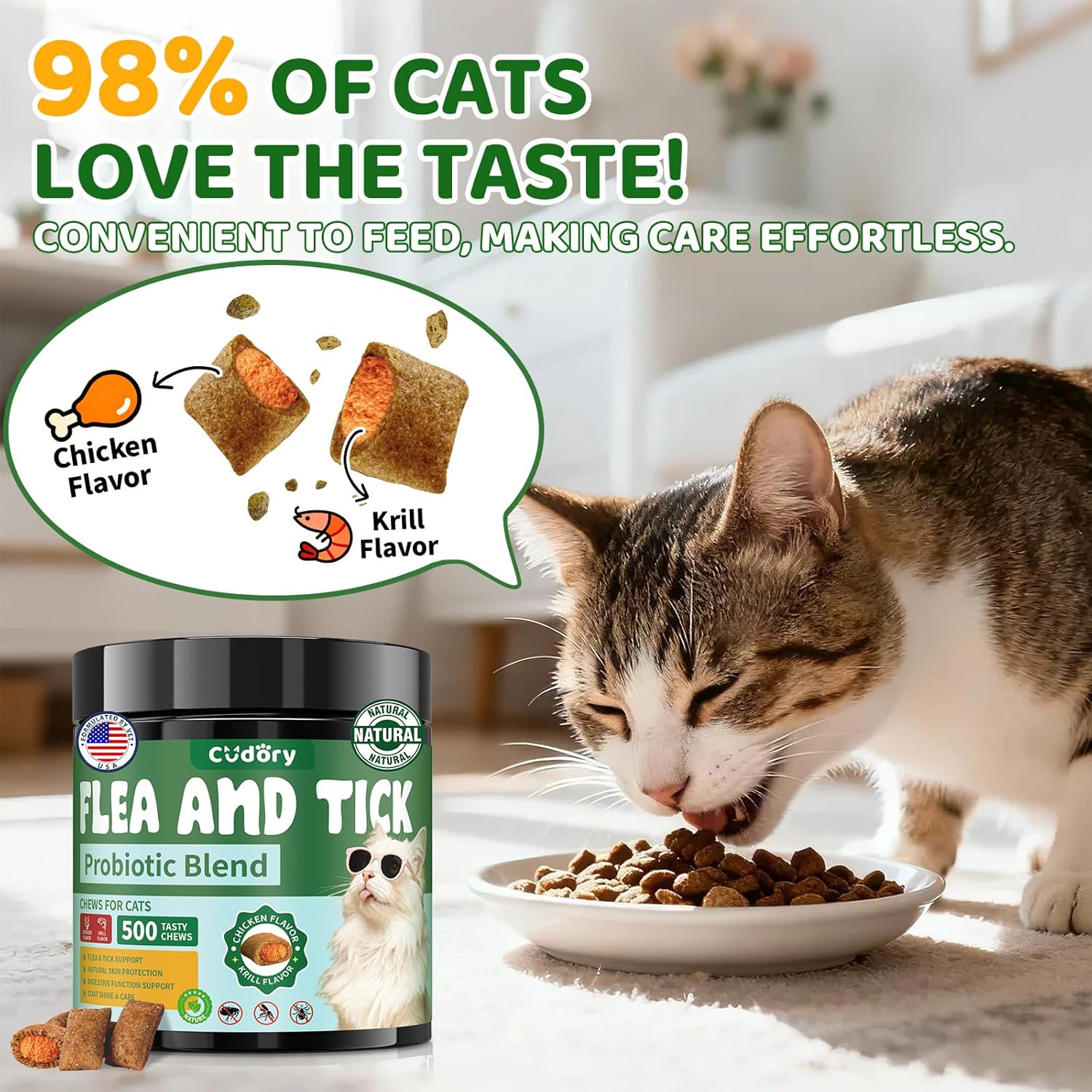 Flea and Tick Prevention for Cats, 500 Cat Flea Treatment with Probiotics Chewables, Crunchy & Creamy Treats Natural Oral Flea Supplement with Skin & Coat, Digestive Support - Chicken, Krill Flavor