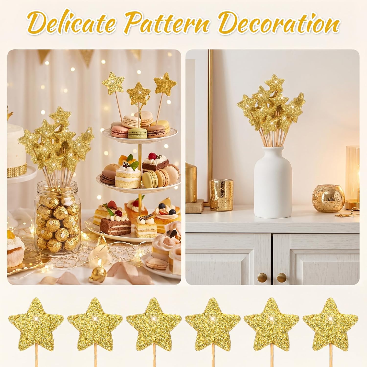 Bthomstfmly 60 Pcs Golden Star Floral Pick, 8'' Star Centerpiece Table Decor Gold Graduation Glitter Craft Stick Sparkly Foam Stem for Floral Arrangement Wreath Wedding Bridal Baby Shower Birthday