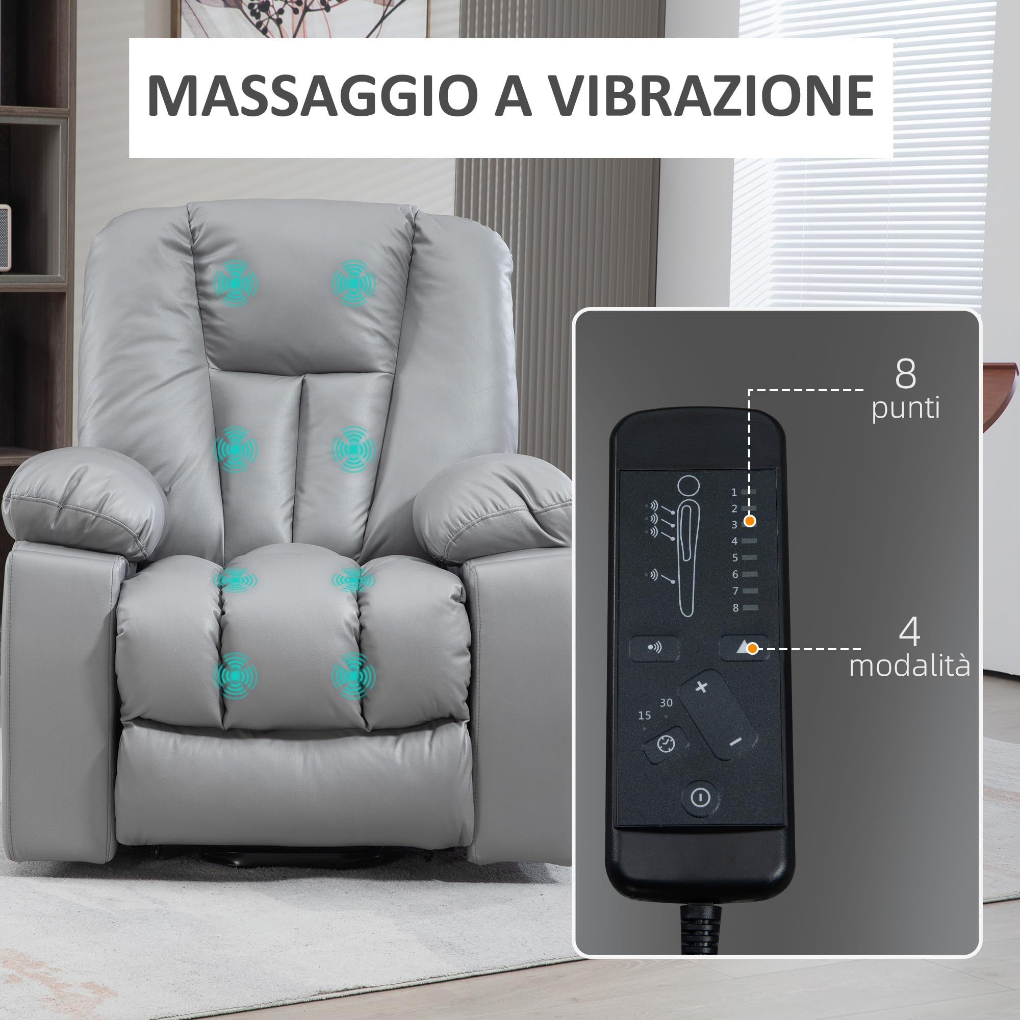 HOMCOM Poltrona Alzapersona Elettrica Reclinabile con 8 Punti Massaggianti e Telecomando, Poltrona Moderna in Microfibra, 94x96x106 cm, Grigio