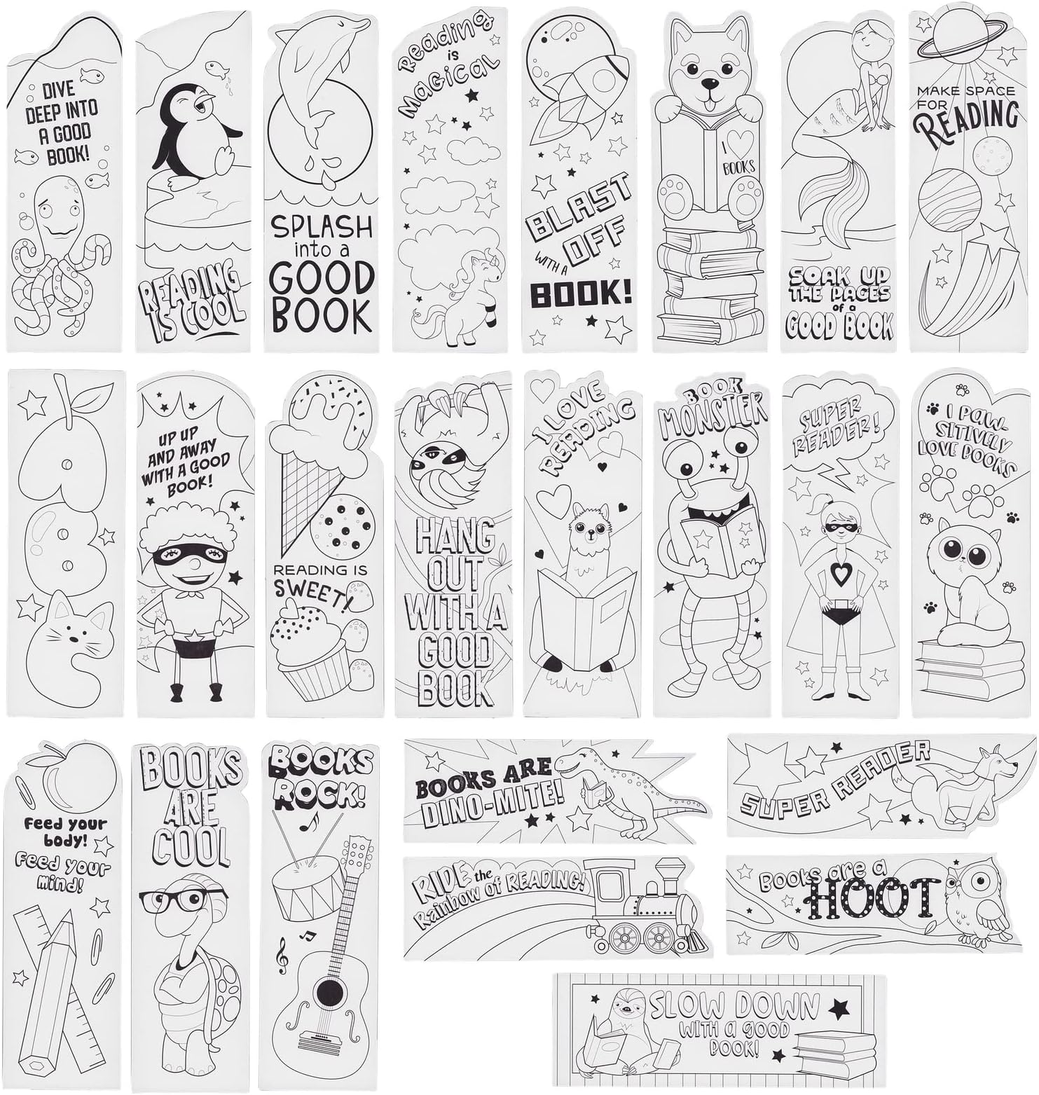 24 Pack Color Your Own Bookmarks for Kids, Students, DIY Classroom Art, 24 Book Worm Designs (2 x 6 in)