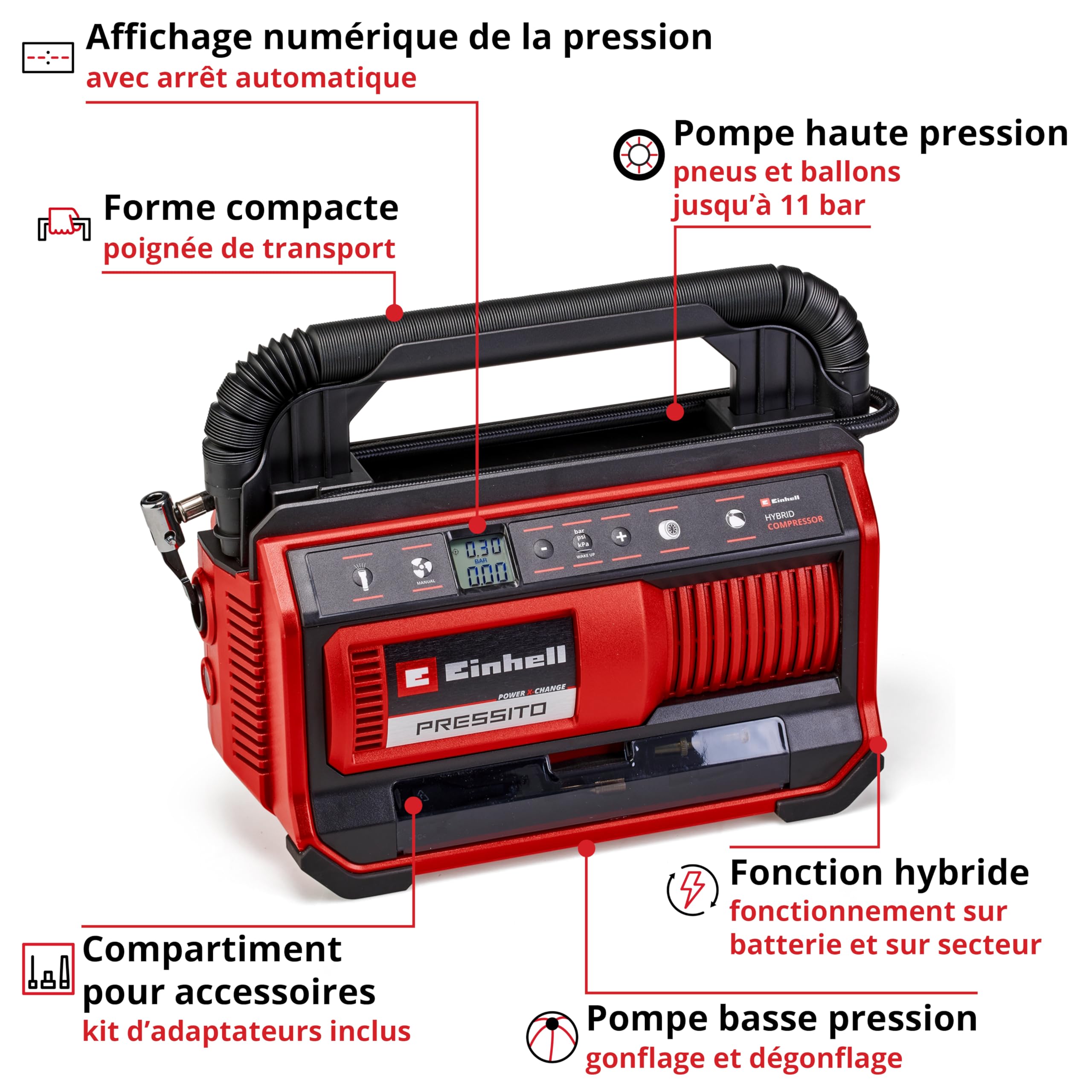 Einhell Compresseur hybride PRESSITO 18/25 Hybrid Power X-Change (18 V, 11 bar max., kit de 3 adaptateurs inclus) Livré sans Batterie ni Chargeur