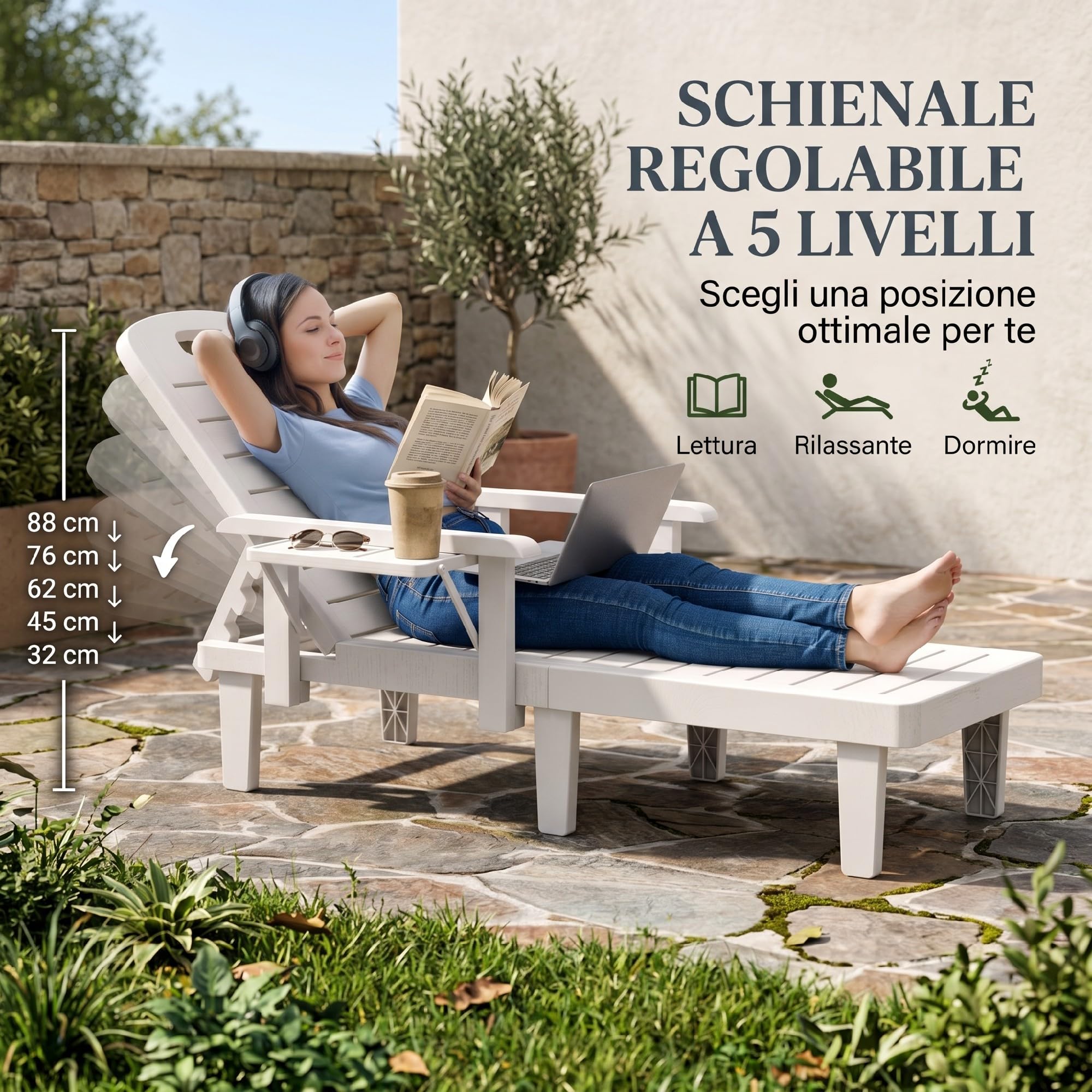 Outsunny Set 2 Lettini Prendisole con Schienale Regolabile su 5 Posizioni, Tavolino e Braccioli Ergonomici, Sdraio da Giardino in Polipropilene Impermeabile, 79x158x88 cm, Bianco