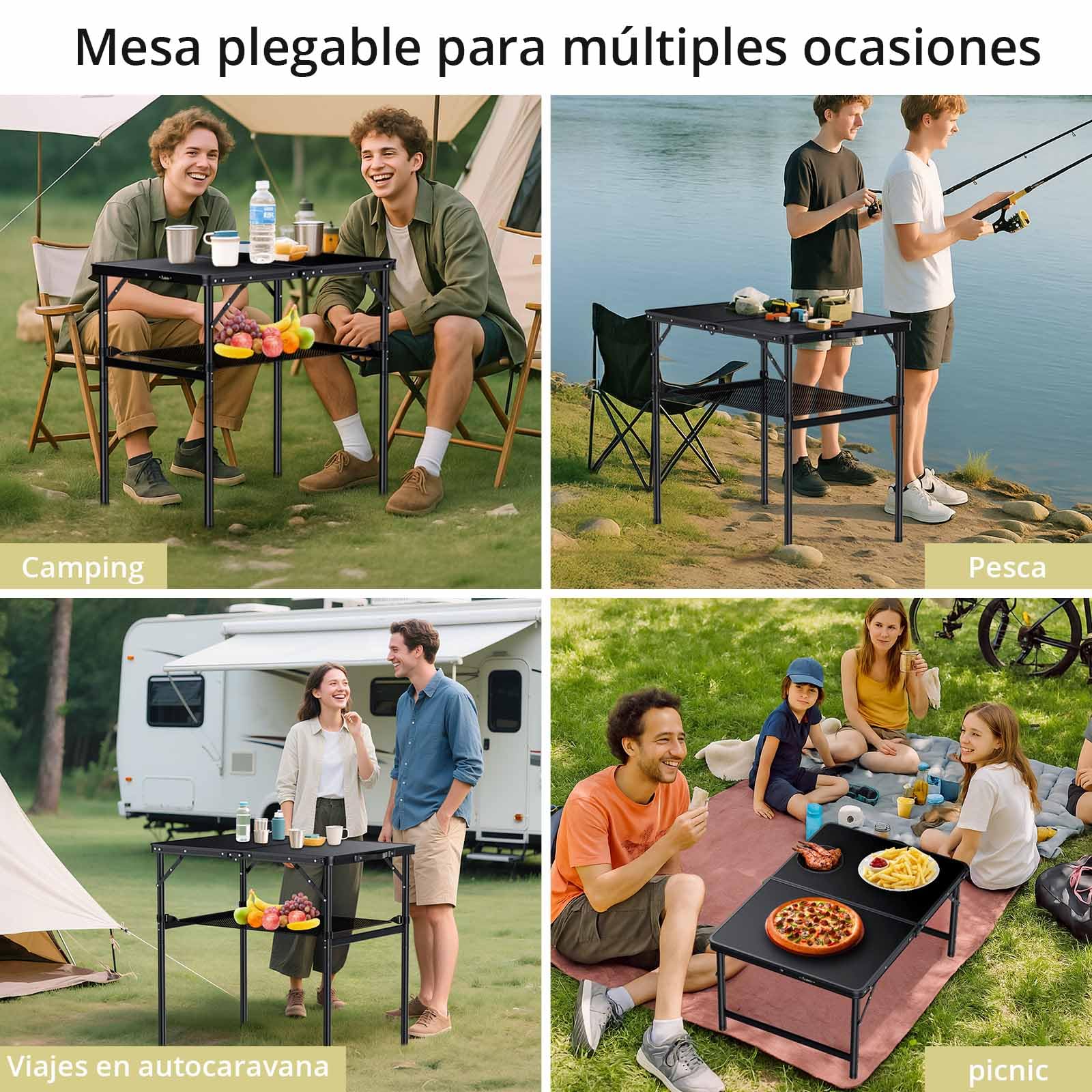 Anbte Mesa Camping Plegable 90x60x37.5/74.7cm Mesa de Acampada Portátil Aluminio Impermeable Resistente a La Oxidación para Balcón/Picnic/Playa/Barbacoa-Negro