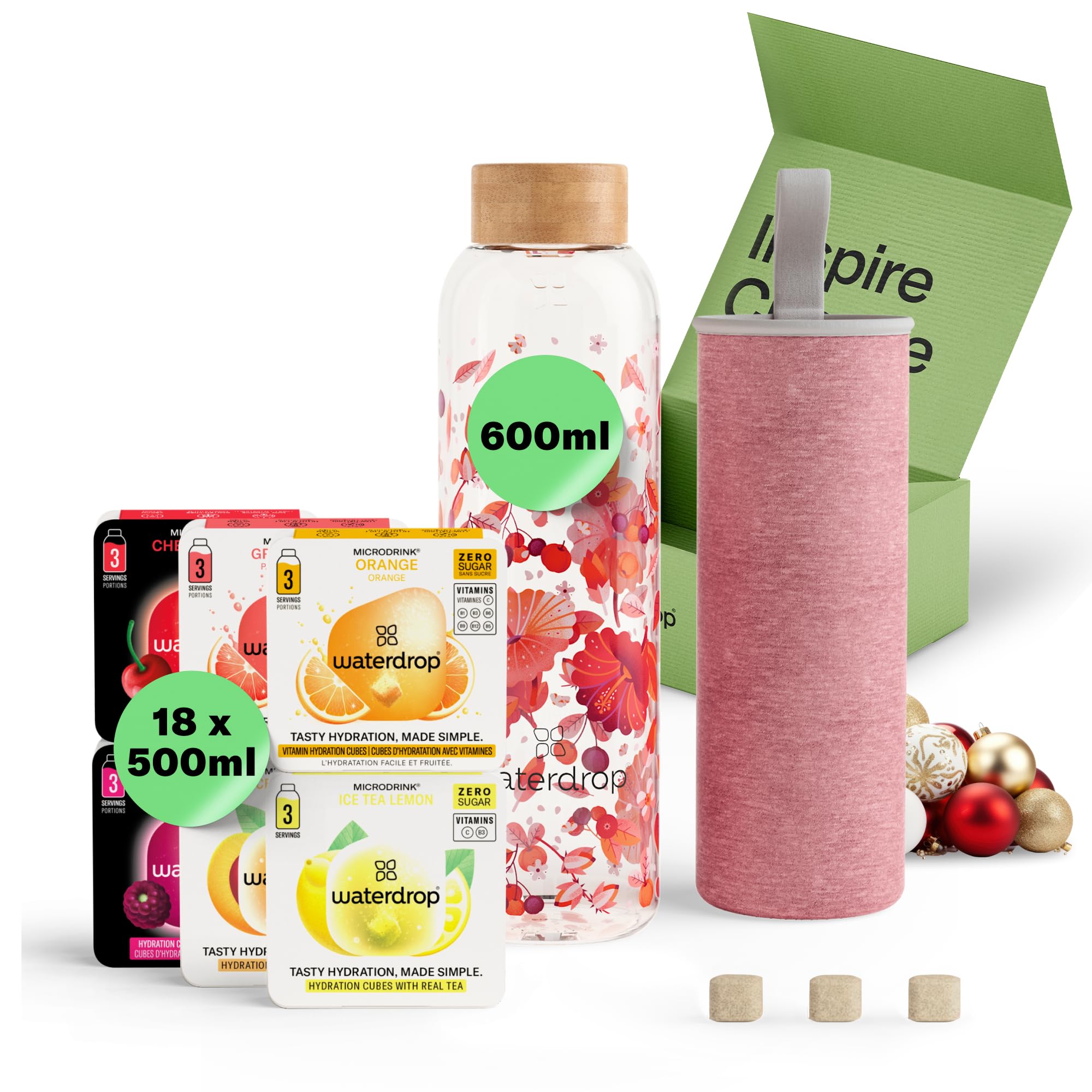 waterdrop® Glass Starter Set – 600ml Borosilicate Glass Bottle + 18 Sugar-Free Microdrink Hydration Cubes in 6 Flavours, Vitamin C & B Infused, BPA Free Water Bottle, Gift Set