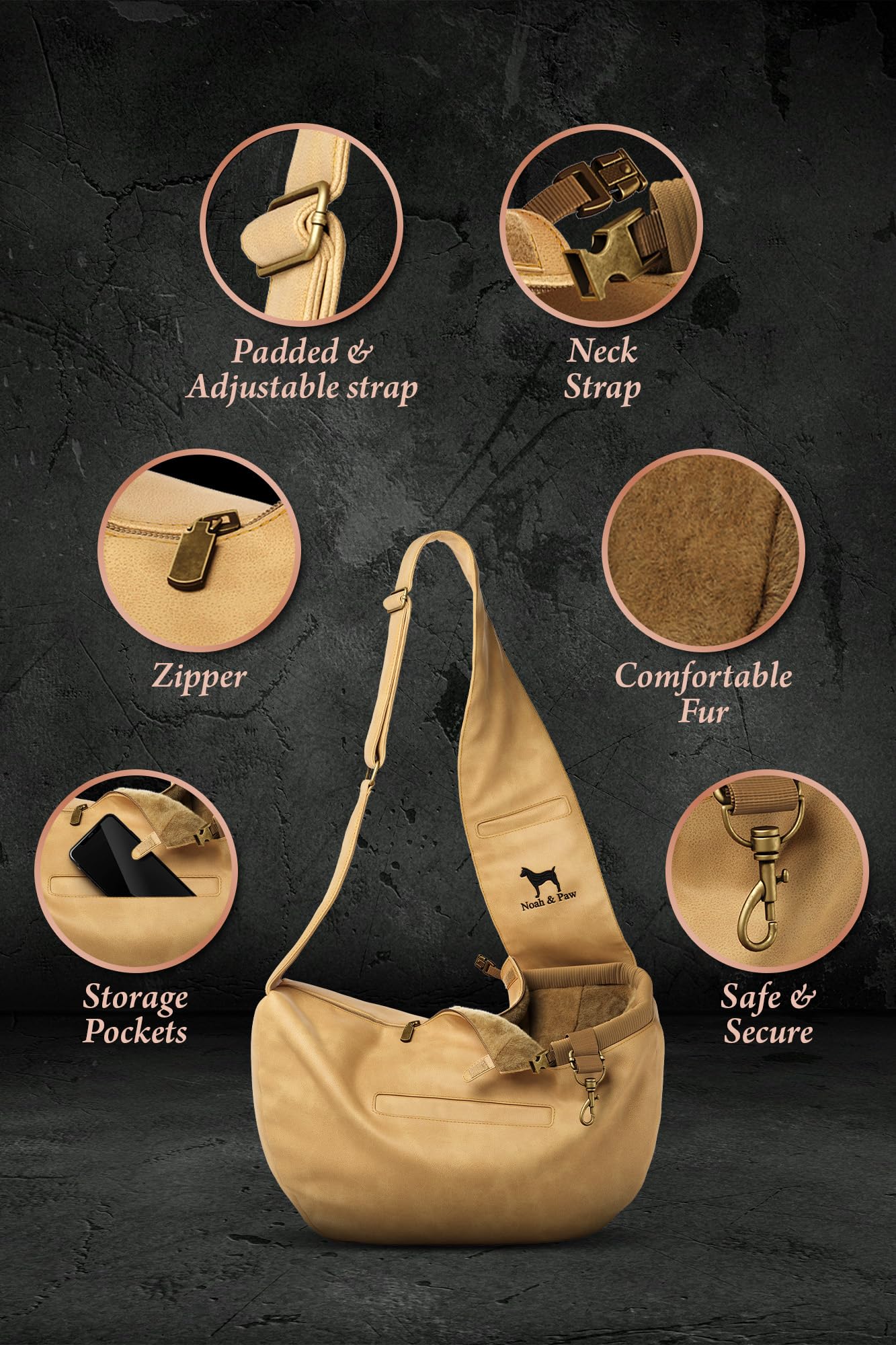 Noah & Paw Bandolera transportin Perro 2,2-8 kg, transportin Gato pequeño, Bolsa Transporte Ajustable para Mascotas, 3X función de Seguridad, Fabricado en Cuero Vegano.