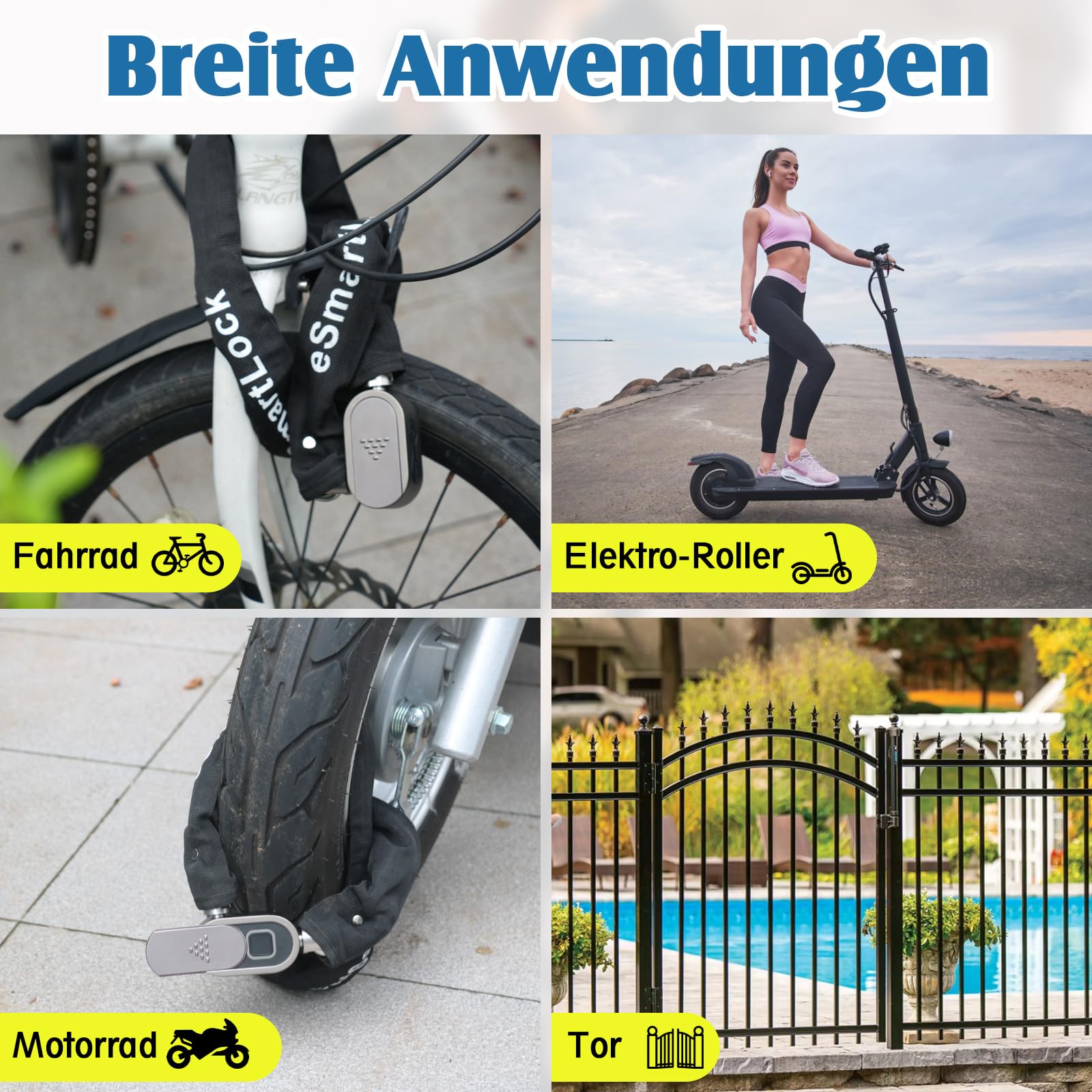 Anweller Candado para bicicleta con huella dactilar con llave, 100 cm, 8 mm de grosor, alta seguridad, resistente al agua para bicicleta/e-scooter/bicicleta eléctrica/MTB/motocicleta/bicicleta de