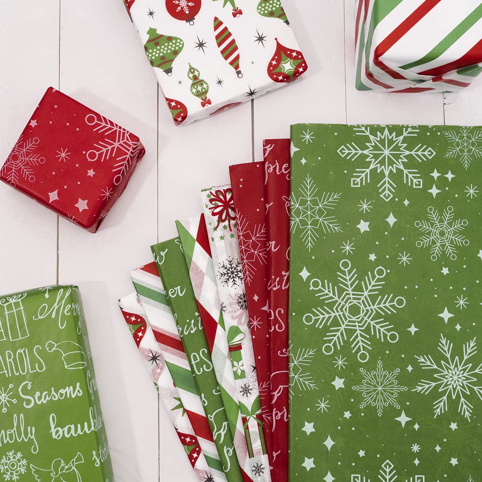 Whaline 160 Blatt Weihnachten Seidenpapier Vintage Rot Grün Xmas Geschenkpapier Schneeflocke Geschenkverpackung Seidenpapier Rustikales Kunstpapier Handwerk für DIY Geschenktüten Xmas Winter Neujahr