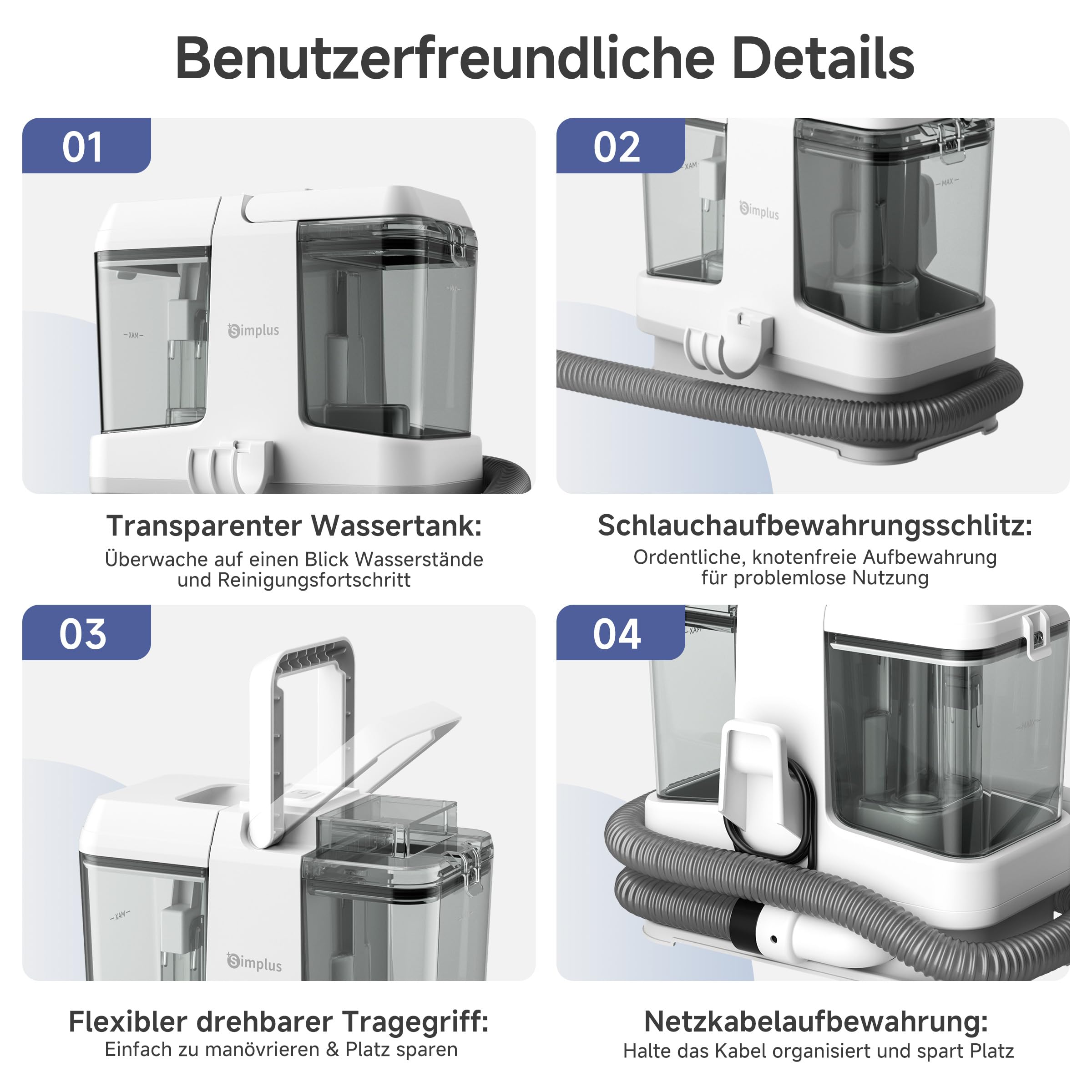 SIMPLUS Polsterreiniger Gerät 12000Pa, kompakter Waschsauger mit 2-Tank-System, Sprüh- & Saugfunktion, Nasssauger für punktuelle Fleckenreinigung auf Sofa, Polster, Teppich & Auto, 2,5 kg, 2 Bürsten