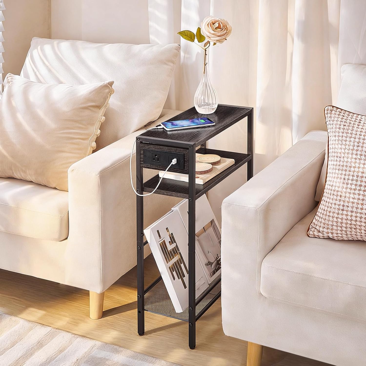 HOOBRO Small Narrow Side Table with Charging Station, Skinny End Table for Small Spaces, Slim Nightstand with USB Ports Outlet, Sofa Beside Table with Storage Shelf, Charcoal Black BC102UBZ01