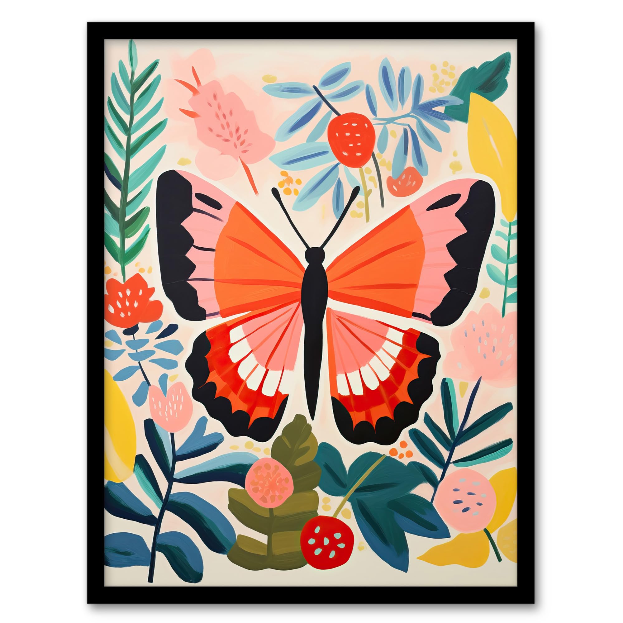 Wee Blue Coo Butterfly Henri Matisse Style Bright Painting Leaves Fronds and Floral Blooms Spring Artwork Framed Wall Art Print A4