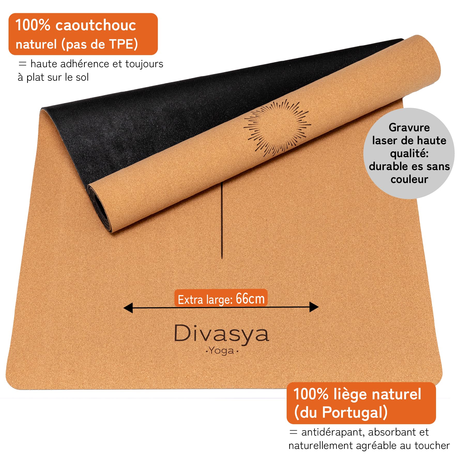 Tapis de yoga en liège antidérapant de qualité supérieure: caoutchouc naturel et liège | 100% naturel et durable | 183 x 66 x 0,4cm | Sangle de transport incluse | Tapis de yoga antidérapant