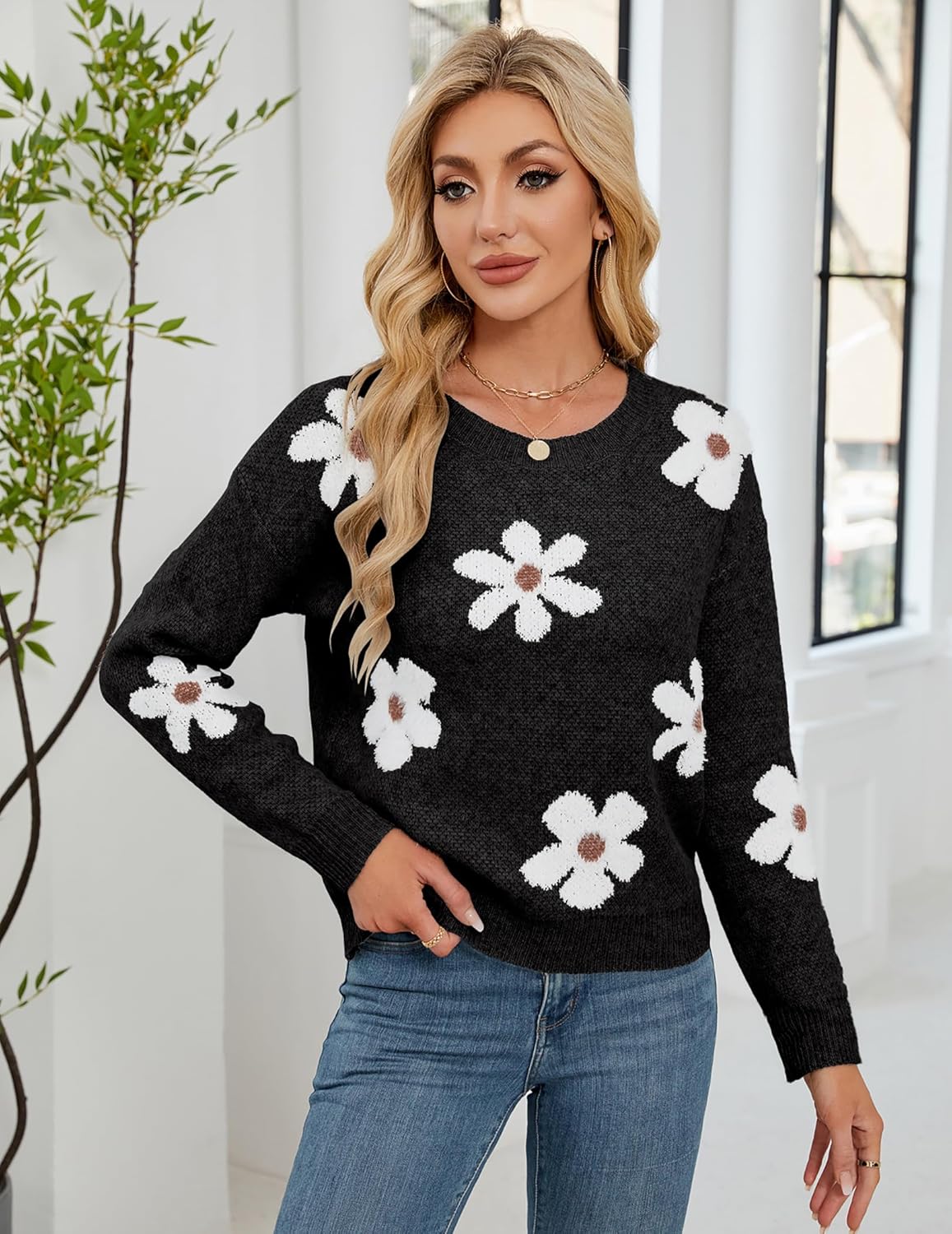Womens Oversized Cute Flower Sweater Winter 2025 Trendy Ladies Dressy Fuzzy Knit Crew Neck Long Sleeve Pullover Top - Image 2