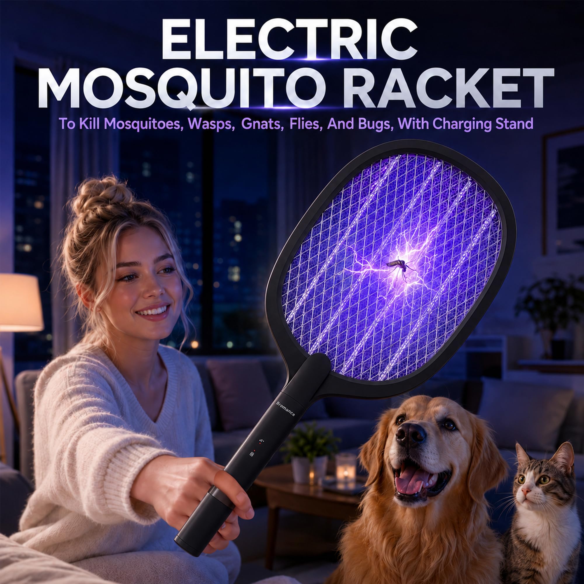 Matamoscas eléctrica (paquete de 2) raqueta matamoscas eléctrica recargable por USB-C, portátil, inalámbrica, para matar mosquitos, avispas, mosquitos, moscas, insectos, con soporte