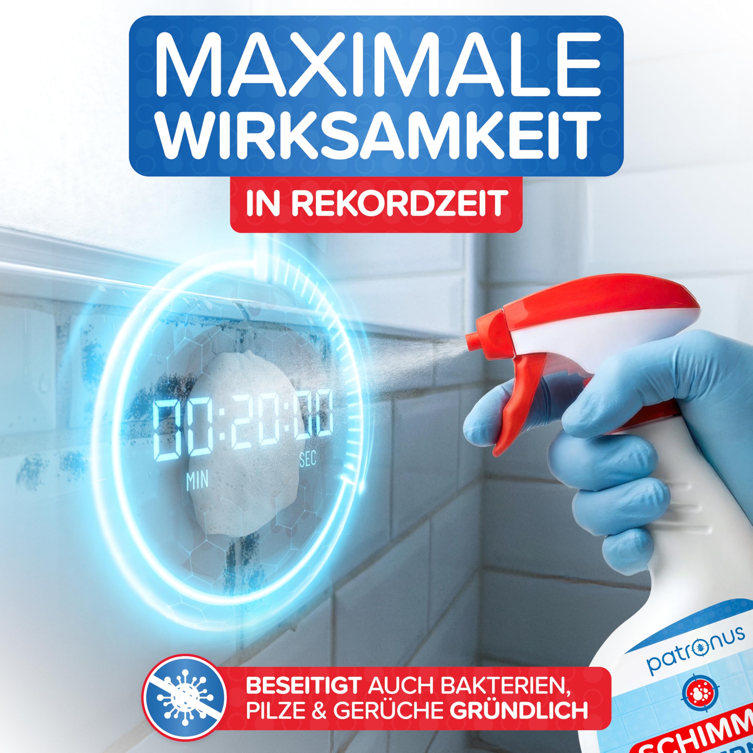 Patronus Profi Schimmelentferner mit Hafteffekt & Sofortwirkung [3x 500 ml] | für Wand, Bad, Fliesen, Fugen & mehr - Effektives Anti Schimmel Spray mit Aktivchlor zum Schimmel entfernen & Fugenreiniger