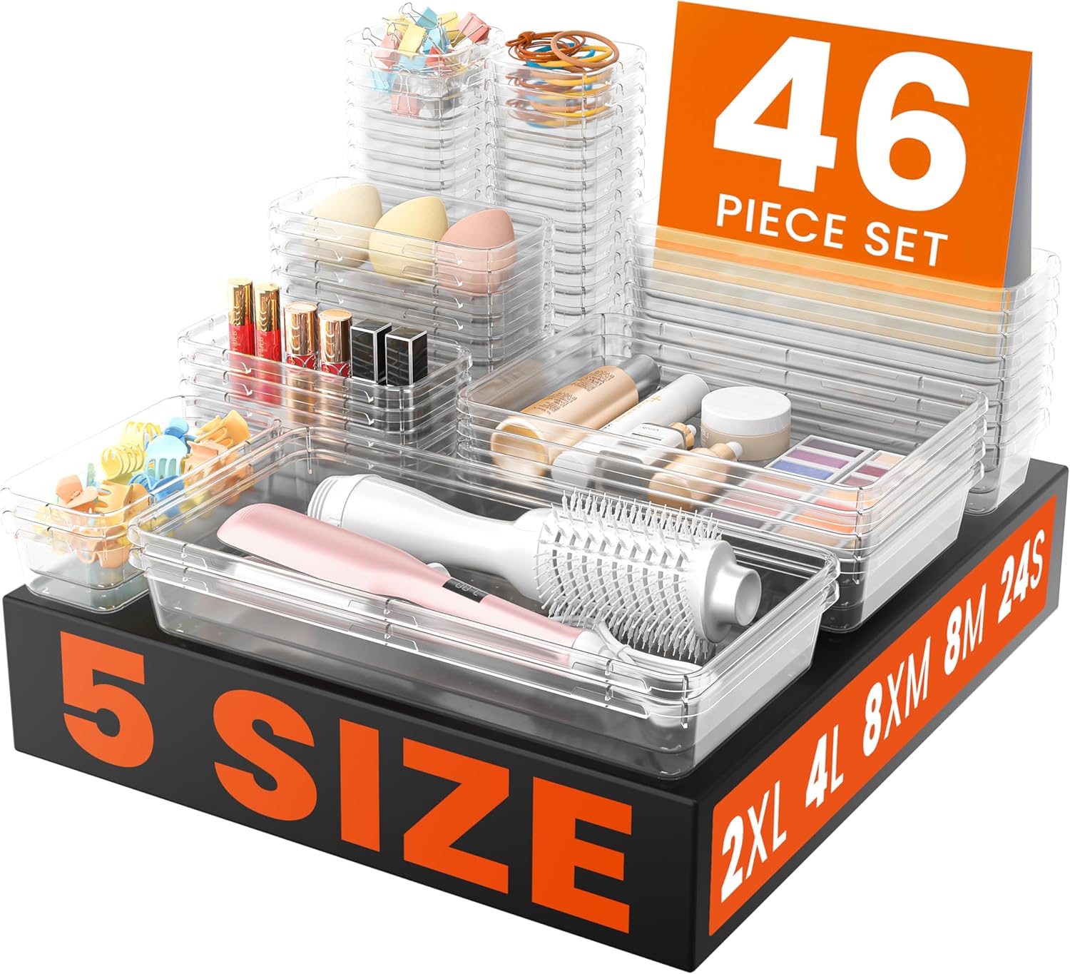46PCS 5Sizes Clear Drawer Organizer Hold 277 Items Makeup Organizer