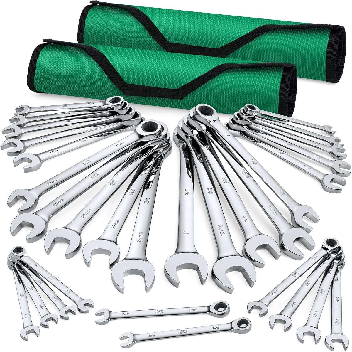 SK Ratchet Wrenches Set, SAE 1/4" to 1", Metric 8 to 24mm, 30-Piece | Ratcheting Wrench Set, Combination Wrench Set, 72-Tooth, Premium CR-V Steel, Chrome Plating Surface, Roll-Up Pouch