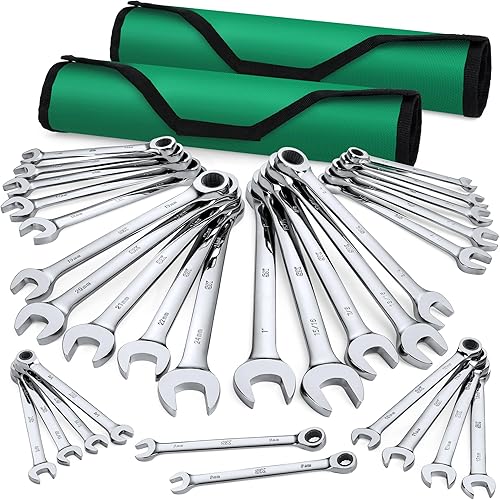 Miniatura 1 de SK Juego de llaves de trinquete, juego de llaves combinadas, 30 piezas, SAE 14 a 1 pulgada, métricas de 8 a 0.945 in, 72 dientes, construcción CR-V