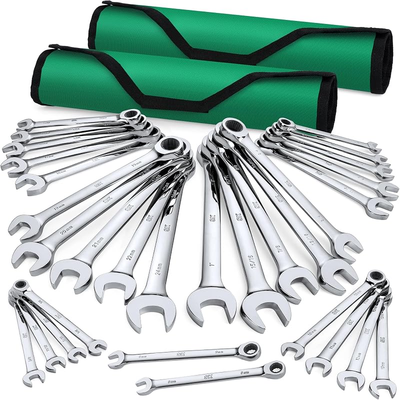 SK Ratchet Wrenches Set, SAE 1/4" to 1", Metric 8 to 24mm, 30-Piece | Ratcheting Wrench Set, Combination Wrench Set, 72-Tooth, Premium CR-V Steel, Chrome Plating Surface, Roll-Up Pouch