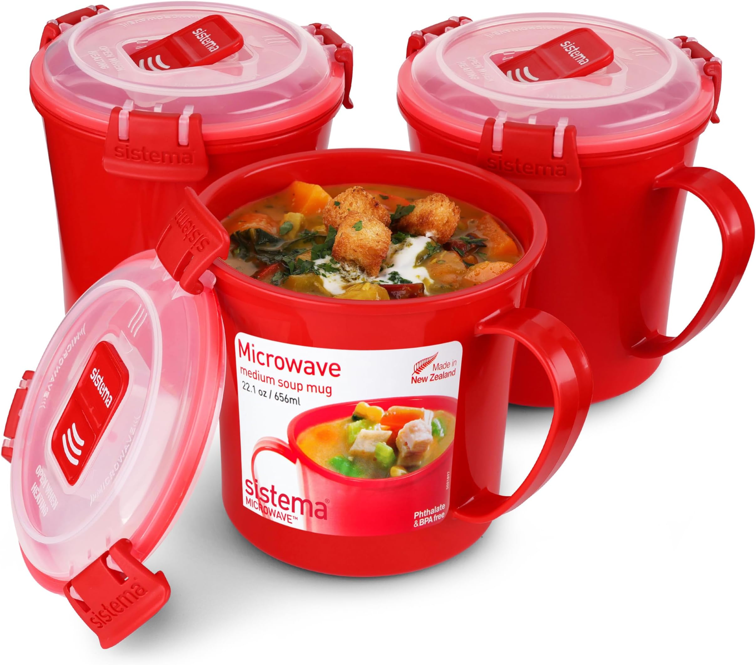 Microwave Soup Mugs | 656 ml | Microwave Food Containers with Steam Release Vents | BPA-Free | Red | 3 Count