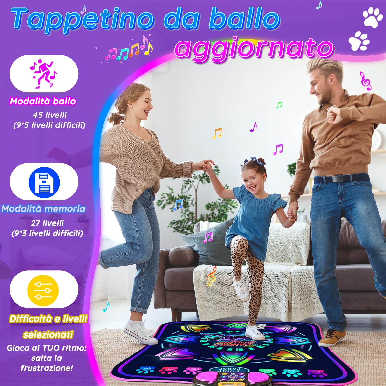 MOMUSE Tappetino da Ballo per Bambini, 2 modalità, Tappeto Musicale | Display Illuminato e 9 Livelli, Volume a 5 Livelli, Giocattolo Regali Compleanno per Ragazzi Ragazze 3 4 5 6 7 8