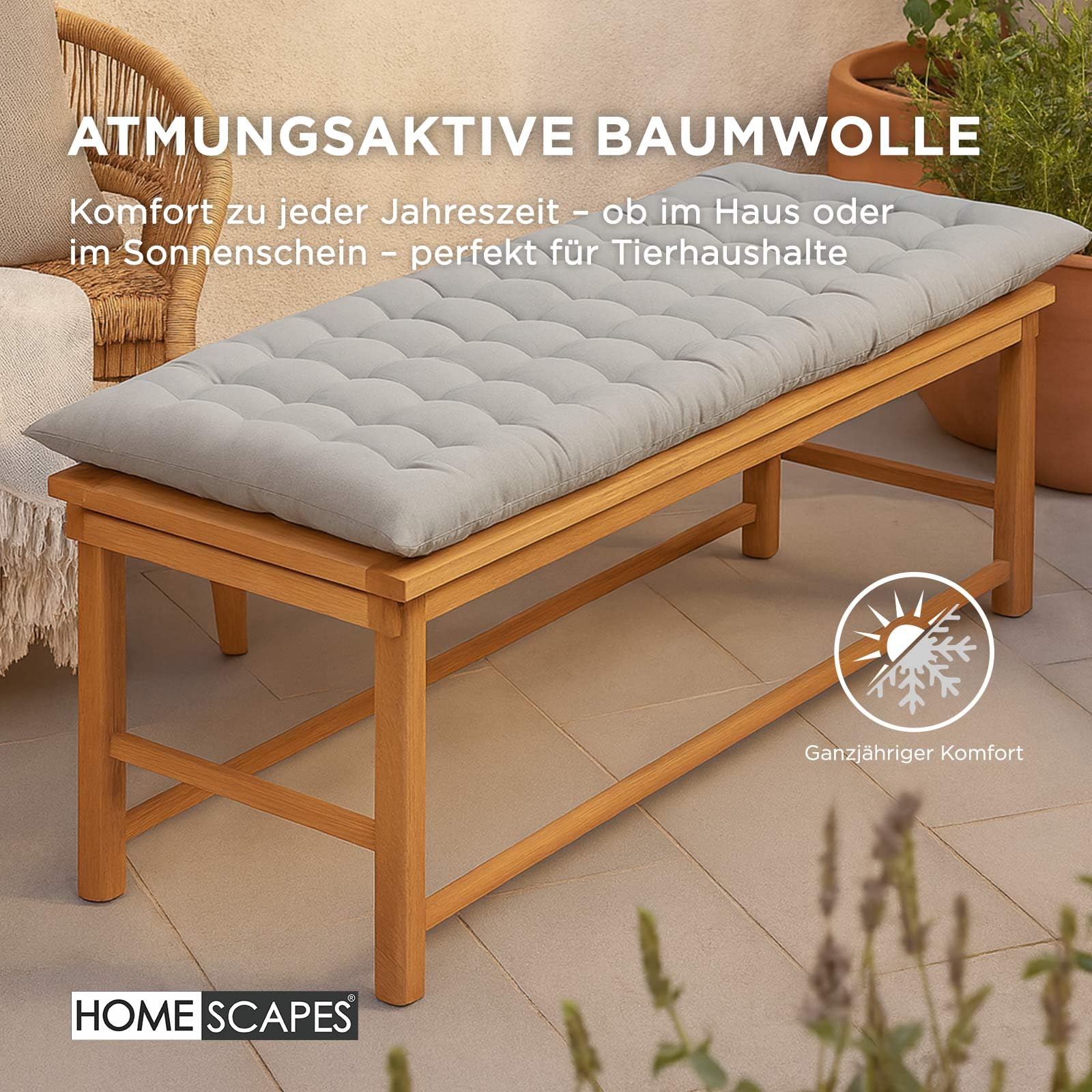 Homescapes Bankauflage 2-Sitzer grau – Sitzkissen Bank Outdoor/Indoor, Oeko-TEX-Zertifiziert, Sitzauflage waschbar für Gartenbank & Sitzbank, 108x42 cm