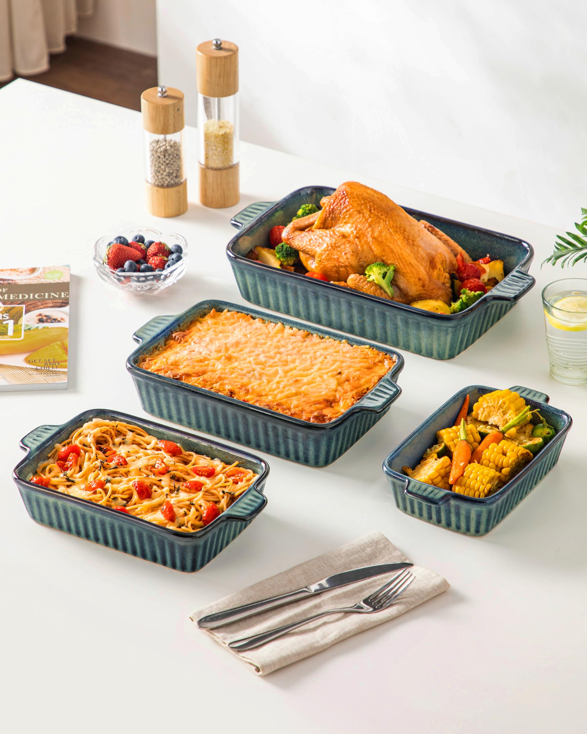 vancasso Auflaufform, 4-teilig Set Auflaufform Groß & Klein (37, 30, 28, 24 cm), Lasagne Auflaufform Rechteckig mit Griffen, Baking Dish aus Steingut Ofen & Spülmaschinenfest, Grün
