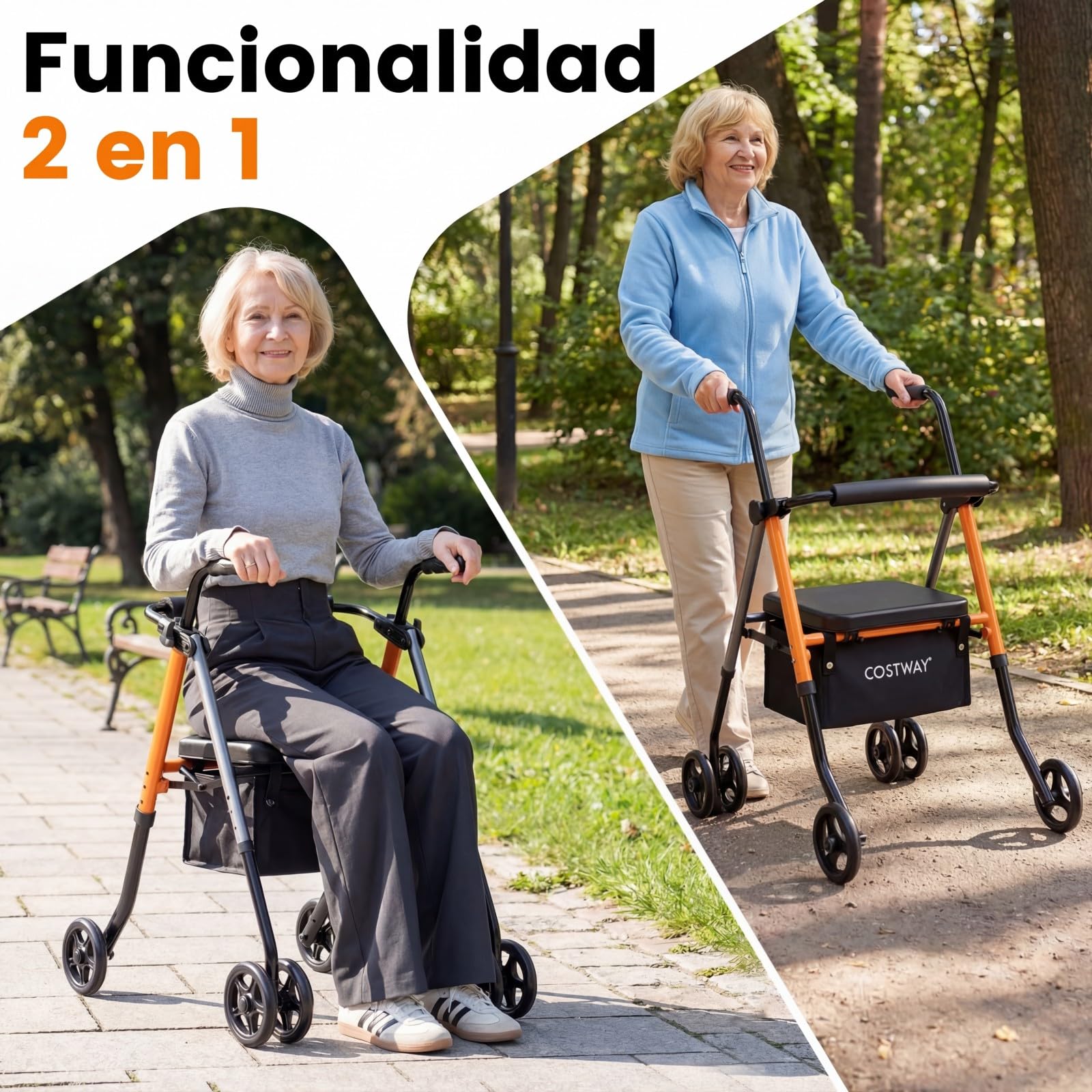 COSTWAY Andador para Ancianos Plegable, Andadores Adultos con Asiento, Respaldo, Altura Ajustable, Almacenamiento, Caminadores para Mayores con 4 Ruedas, Carga136kg