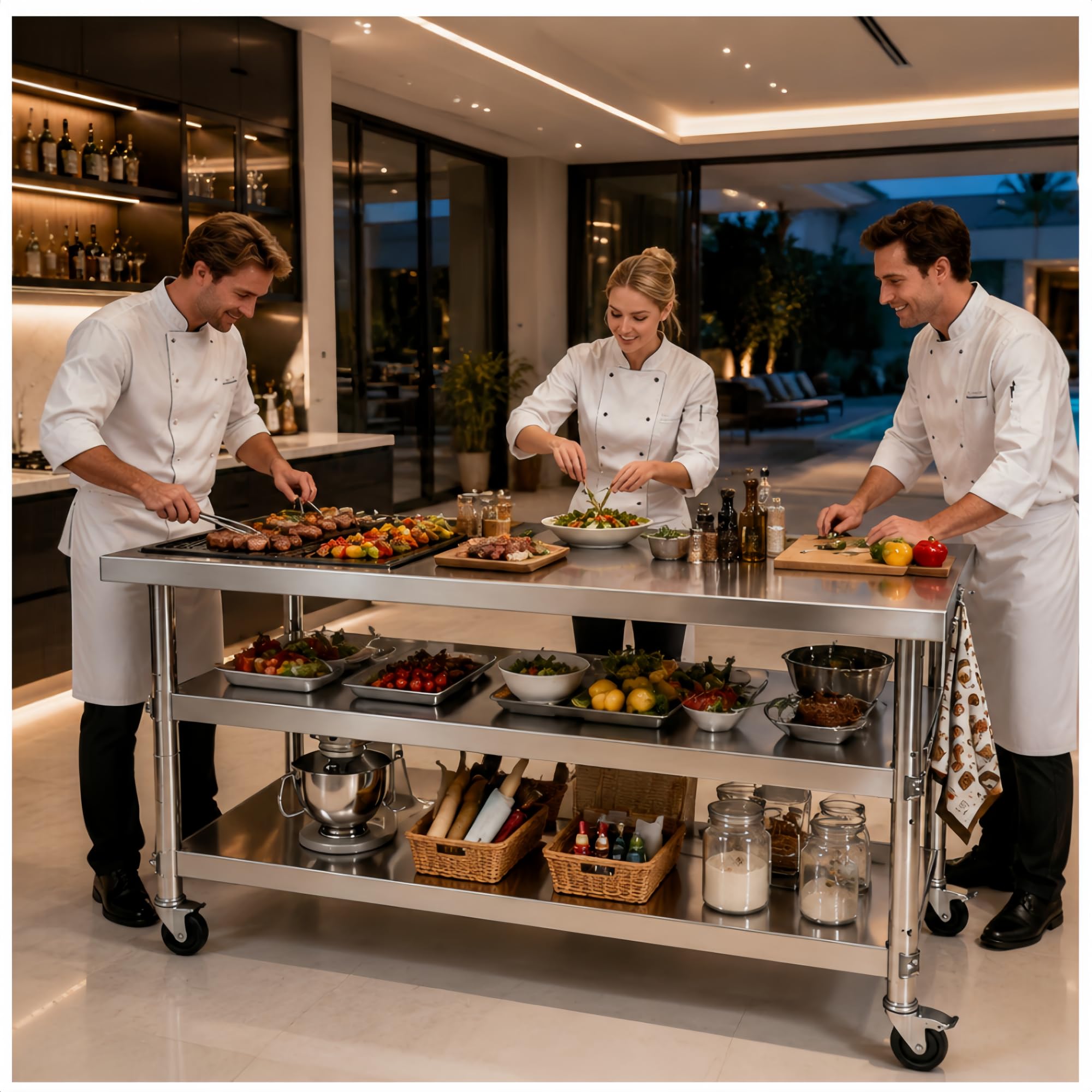 Stainless steel prep table 71in kitchen, available in fixed or with Wheels