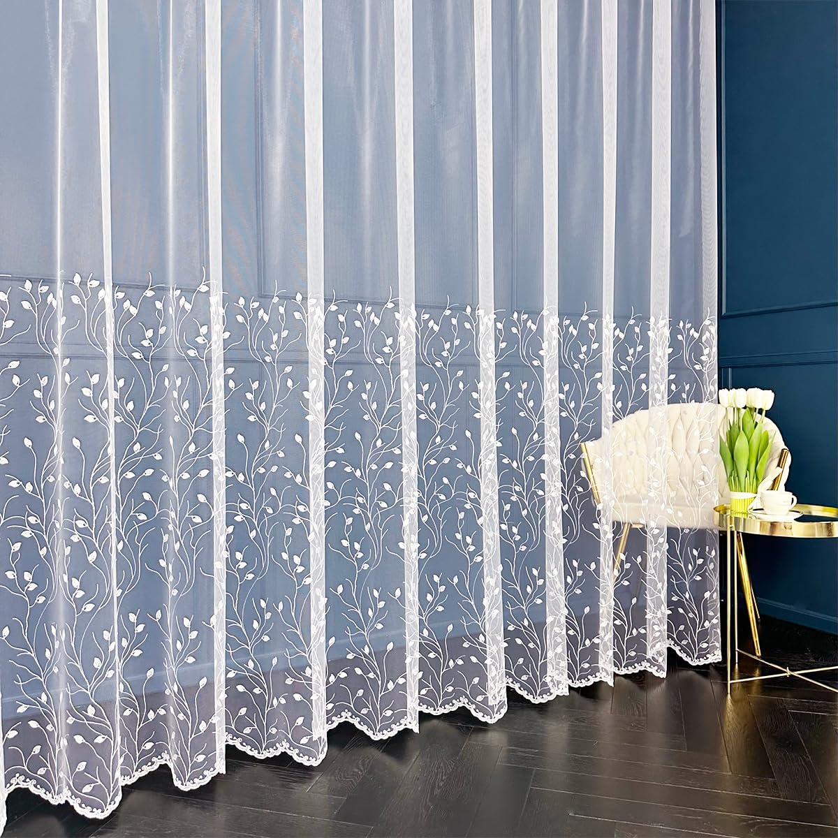 Weiß 500x160 cm (BxH) Anissa Tüll Lang Kurz Vorhänge Kräuselband Wohnzimmer Gardinenschals Schlafzimmer Blumen Muster