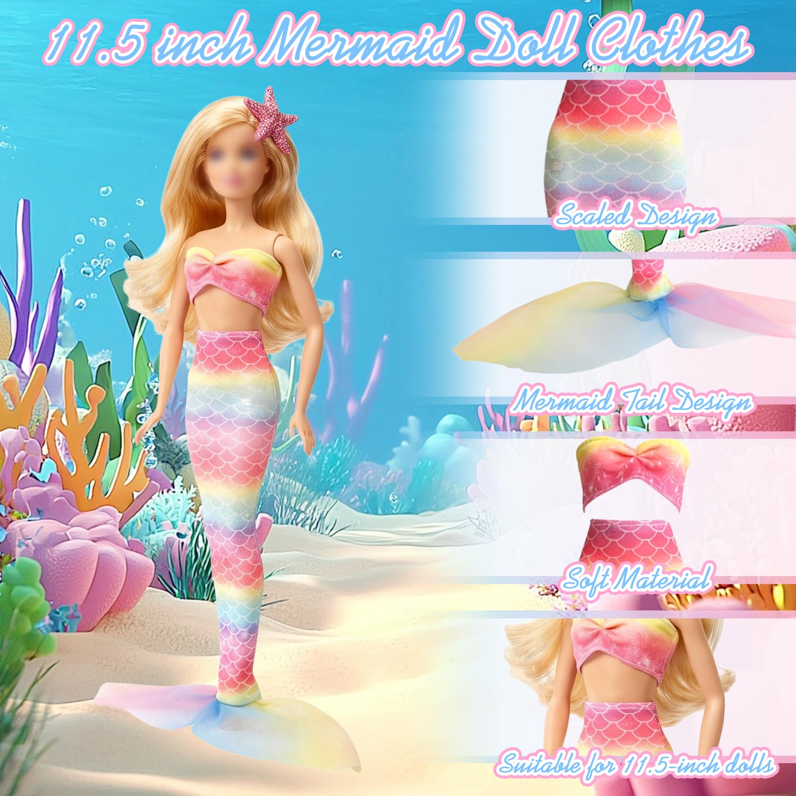 16 piezas de ropa y zapatos de muñeca compatibles con muñeca Barbie de 11.5 pulgadas, incluye 1 vestido de sirena, 2 tops de tiras, 2 vestidos, 1 pantalón, 4 juegos de trajes de baño, 5 zapatos