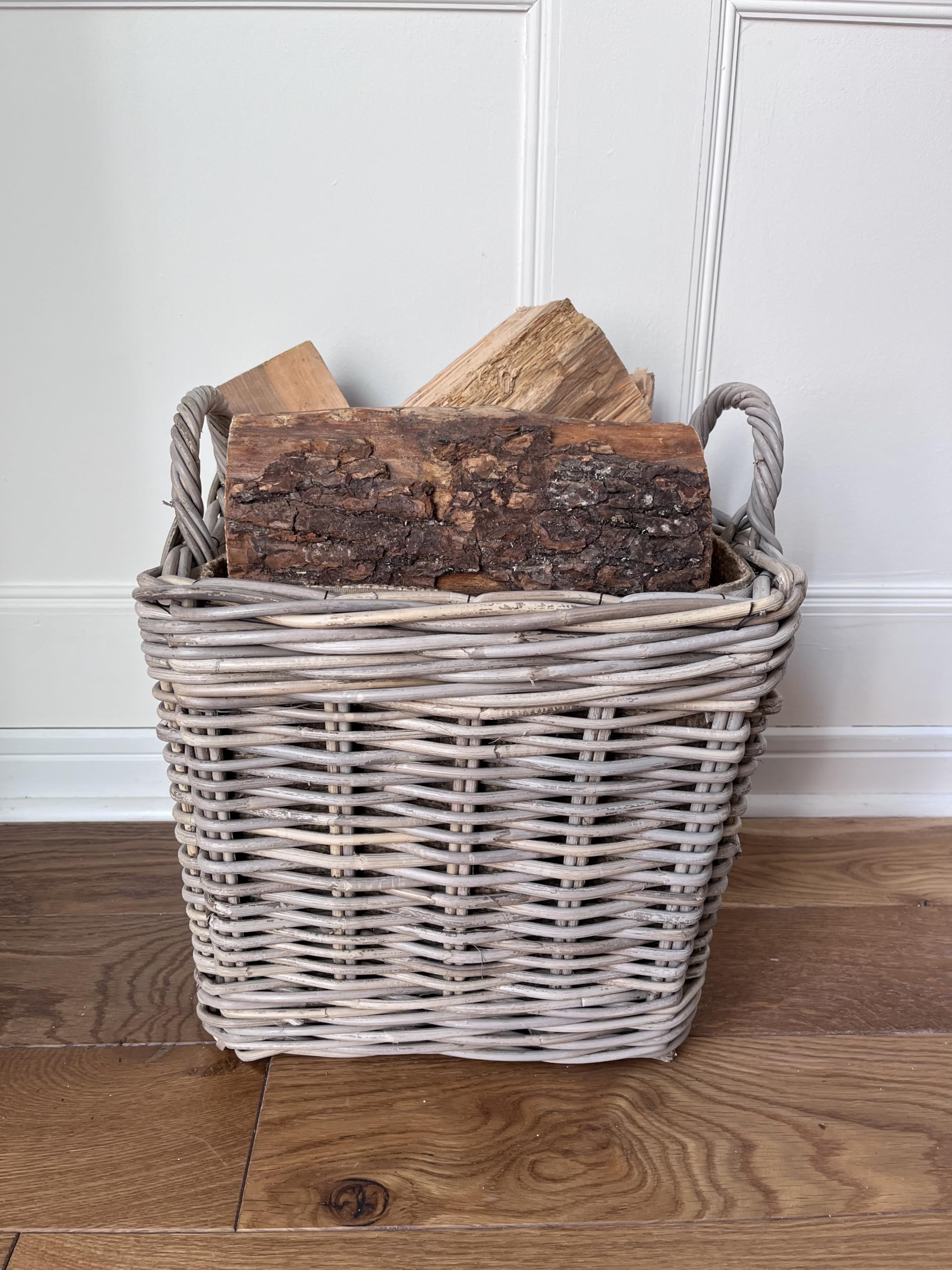 Wholesome Home Natural Wicker Log Basket, Firewood Kindling Storage Holder With Handles, Small, Medium And Large Sizes, Square (Medum (33Cm))
