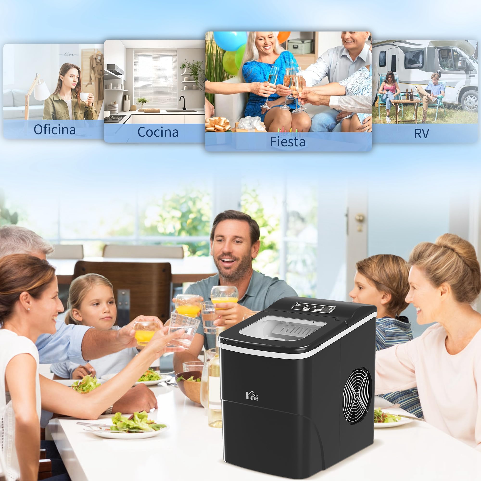 HOMCOM Máquina de Hielo Autolimpieza para Casa 12 kg/24h Negro | Máquina de Hacer Hielo, Ventana, 9 Cubitos de Hielo en 8 Minutos, 2 Tamaños de Cubitos, Cuchara Cesta