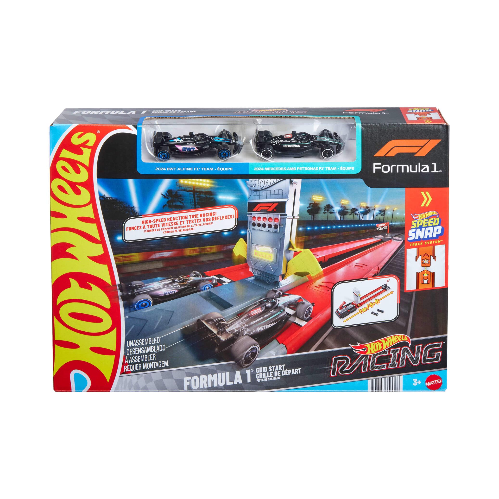 Hot Wheels Racing Fórmula1 Línea de Salida, Conjunto de Pista y Coche de Juguete, Pista Doble con 2coches metálicos a Escala 1:64 con Licencia Oficial de F1, JKM88