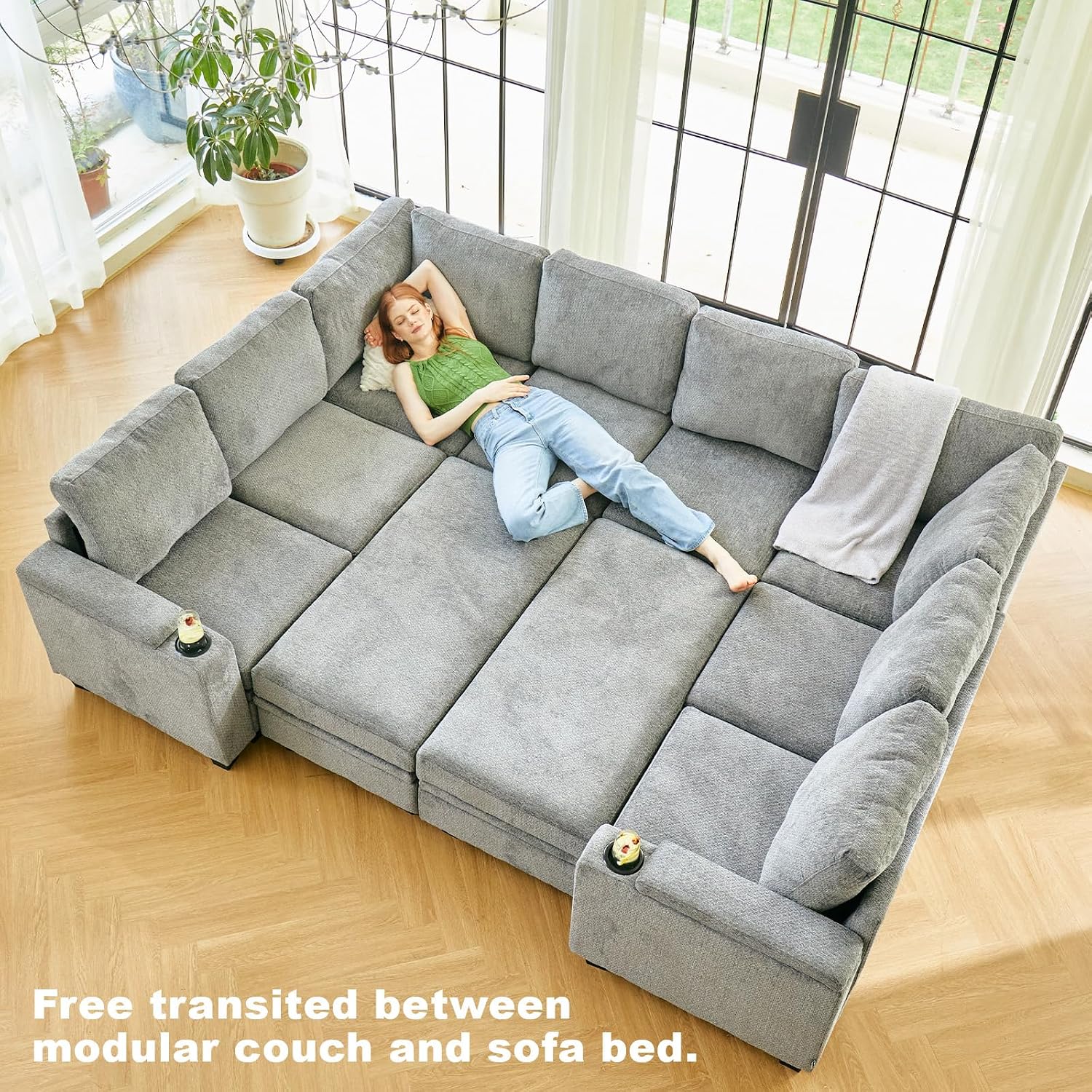 Belffin Oversized U-Shaped Modular Sectional 10-Seater Storage Ottoman Cup Holder Light Grey Sofa