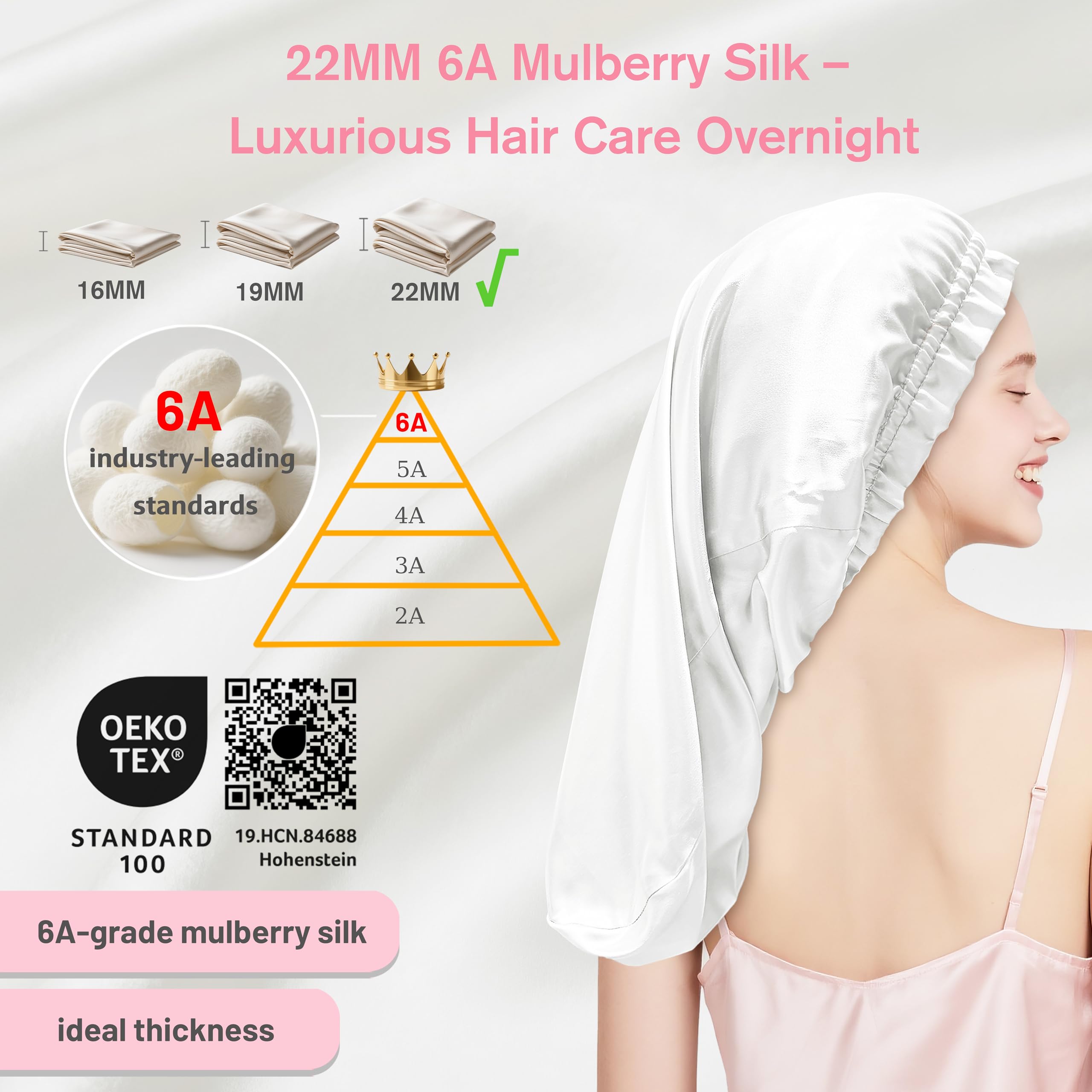 townssilk Silk Bonnet for Sleeping, 100% 22 Momme Mulberry Silk for Women, Luxurious, Breathable, Sits Safe Overnight & Pressure Free, Ideal for Long & Curly Hair - White 80 cm - Image 2