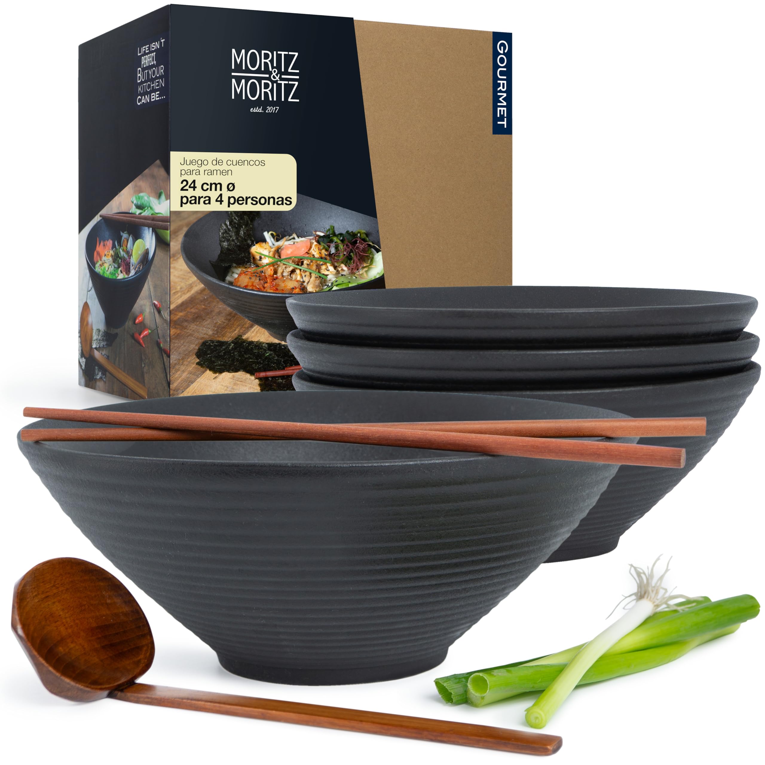 Moritz & Moritz 4 x Cuenco Ramen Japones - 24 cm Ø - Juego Vajilla Japonesa de Cerámica y Madera de Sándalo Para Sopa, Pho y Poke Bowl