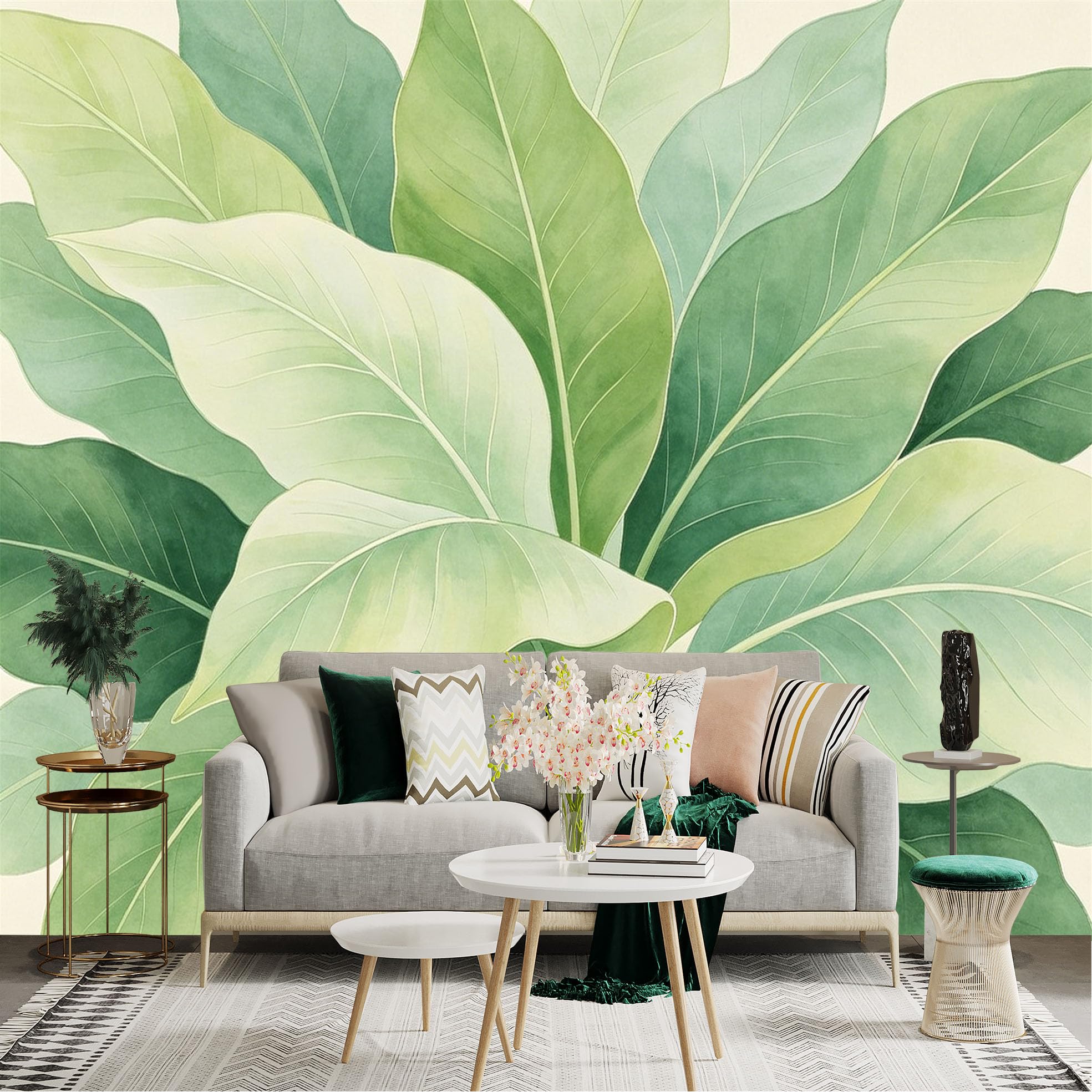 Lnzczhyre Dbh260521501 Custom Size Wall Sticker Mural， Watercolor Green Tropical Leaves， Botanical Foliage Pattern， Minimalist Nature Theme， For Wall Decoration， Peelandstick Wall Decals.