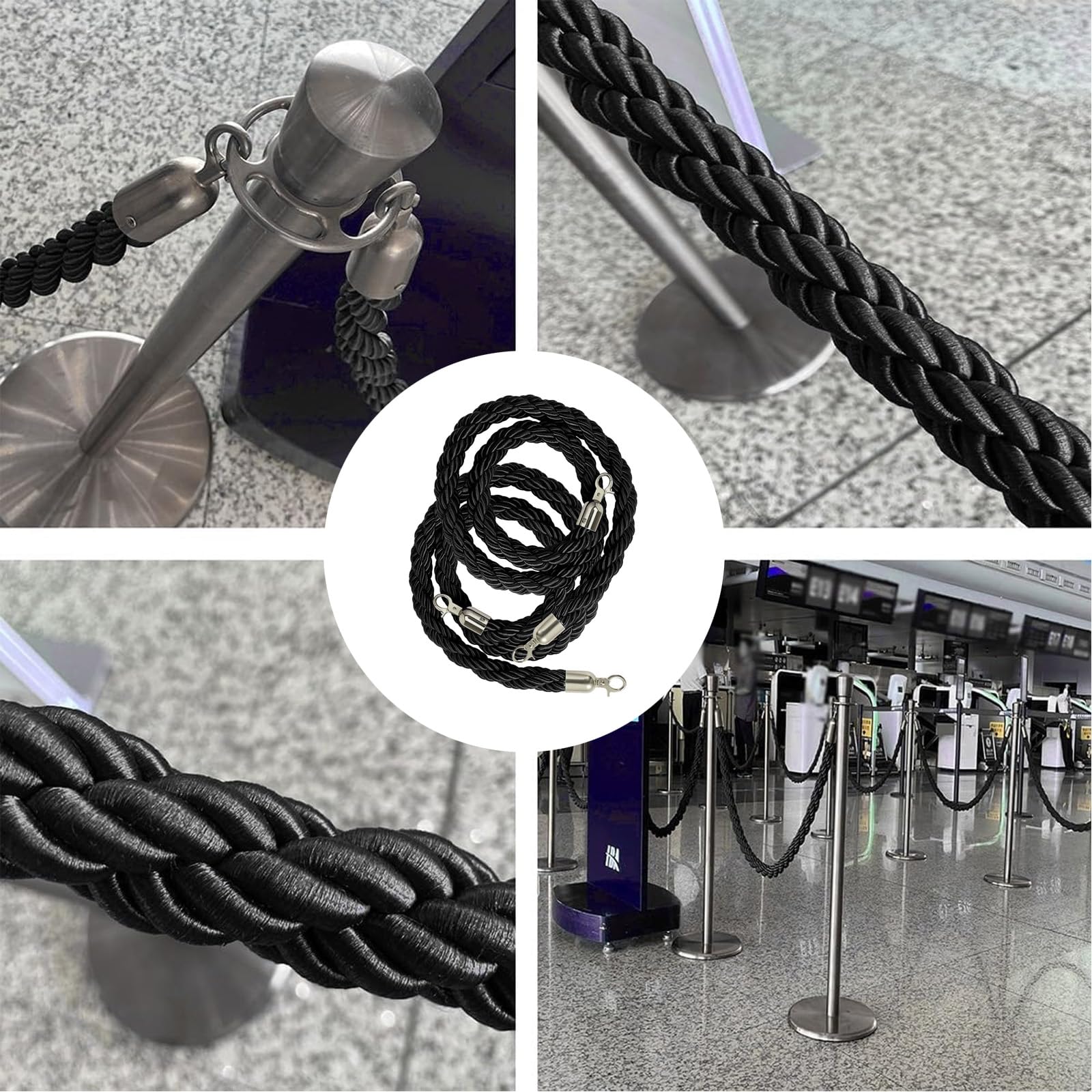Stanchion - Cuerda de barrera trenzada de 1/1.5/2/2.5/3 m con gancho plateado, cuerda de control de multitudes, cuerda de cáñamo trenzada para divisor de colas (negro, 3 m)
