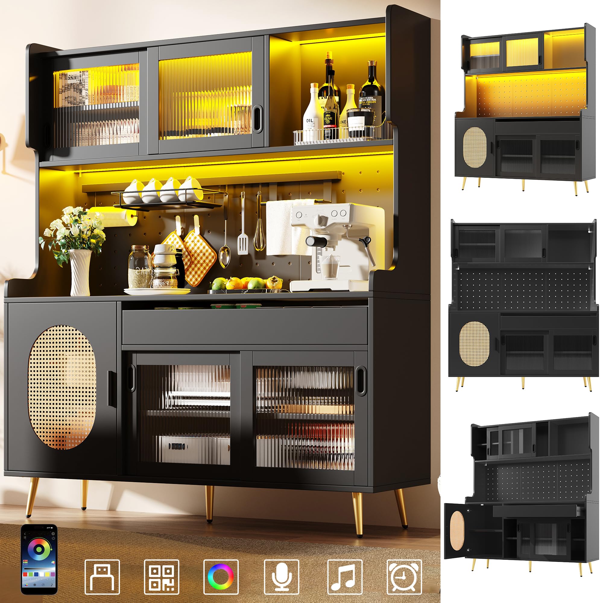 Kebnor Armadio laterale/armadietto da cucina/buffet, 145 x 39 x 171 cm, stile rustico, 5 ante, con striscia luminosa a LED e piastra di blocco in vetro, porte (nero)