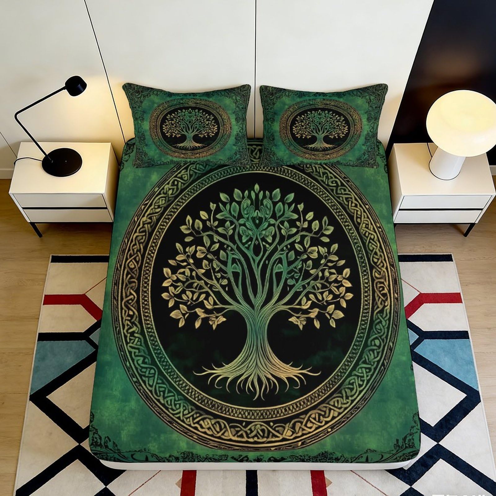 3D Printed Celtic Tree of Life Fitted Sheet Microfiber Soft Green Artistic Bed Cover for Bedroom Guest Room Mattress Protection Decor 160x200x25cm