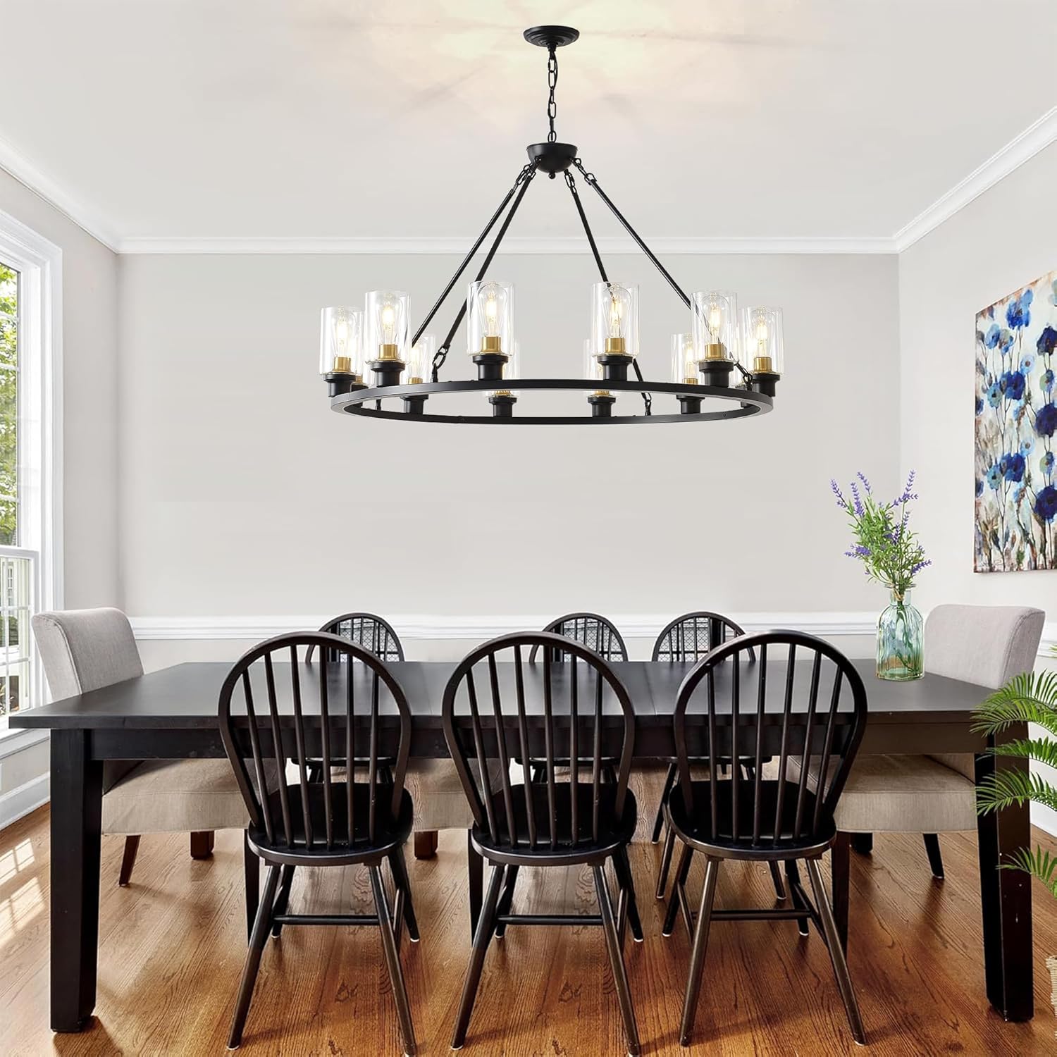 40" Large Farmhouse Black Wagon Wheel Chandelier 12 Light Rustic Wagon Wheel Light Fixture with Galss Shades Round Industrial Ceiling Hanging Pendant Light for Dining Living Room Foyer (Black-12T)