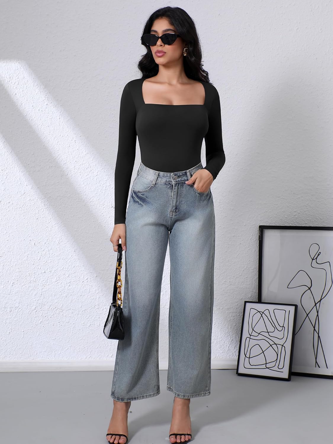 Laughido Women's Square Neck Long Sleeve Fitted Bodysuit Double Lined Fall Basic Trendy Tee Shirt Tops - Image 6