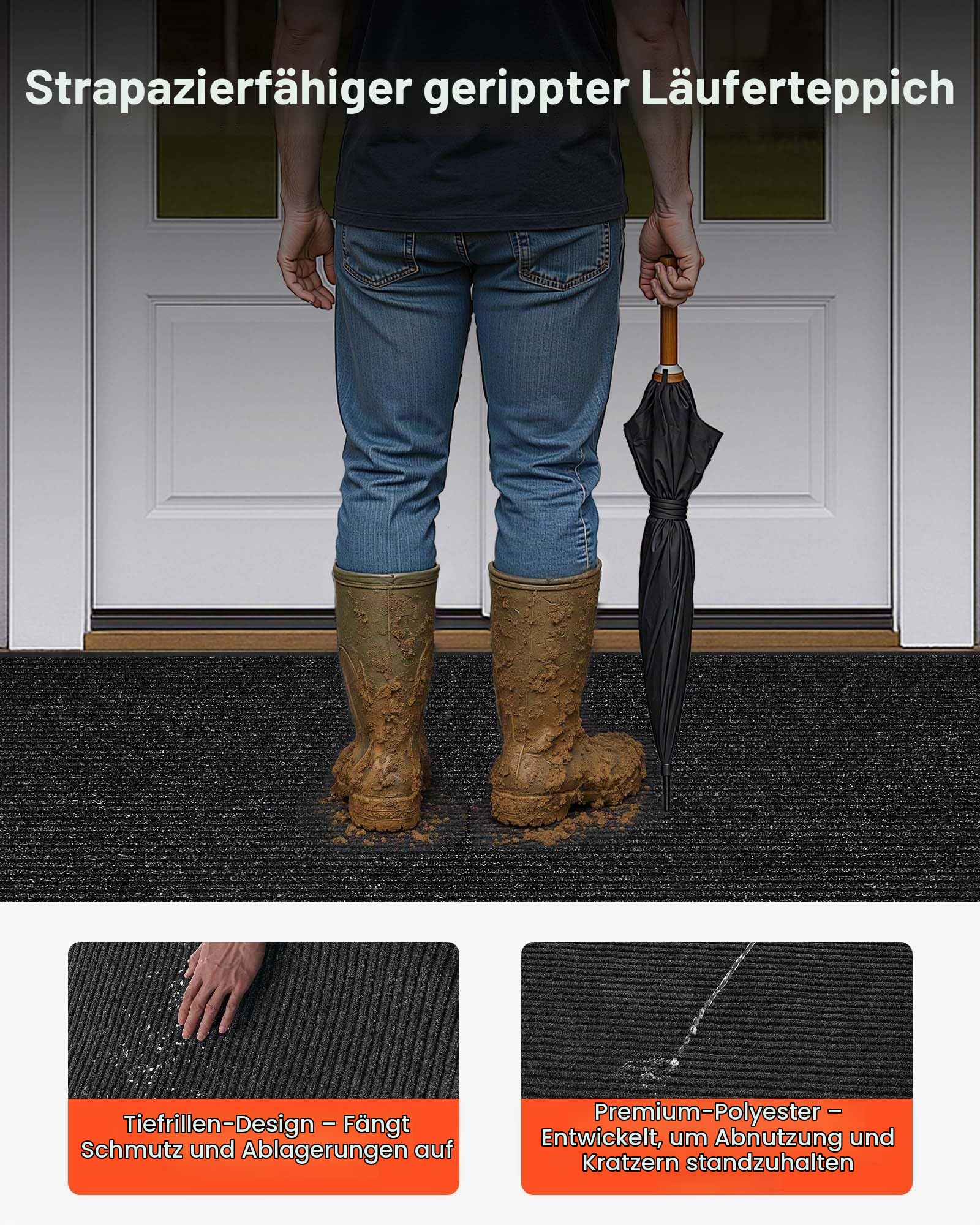 VEVOR Schmutzfangmatte, 2438x1219 mm, Fußmatte für Innen & Außen, Sauberlaufmatte mit PVC-Rückseite, Türmatte, waschbarer Eingangsteppich für Flur, Balkon, Garage, gestreift, Grau
