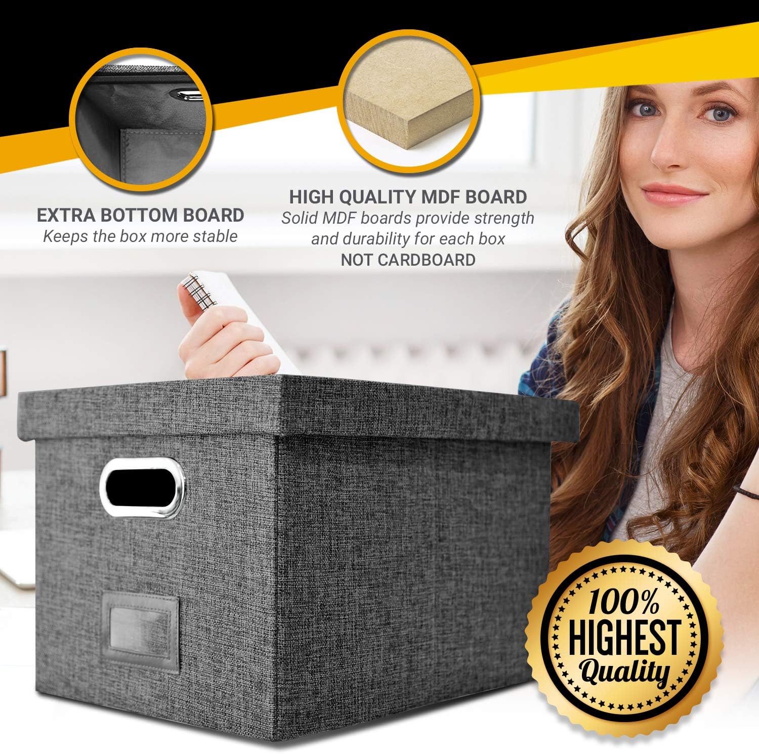 Amazons Best Linen File Box Organizer with a Smooth Rail Filing System | File Folder Organizer | Hanging File Box | Collapsible File Storage | Paper Organizer Box | Document Organizer