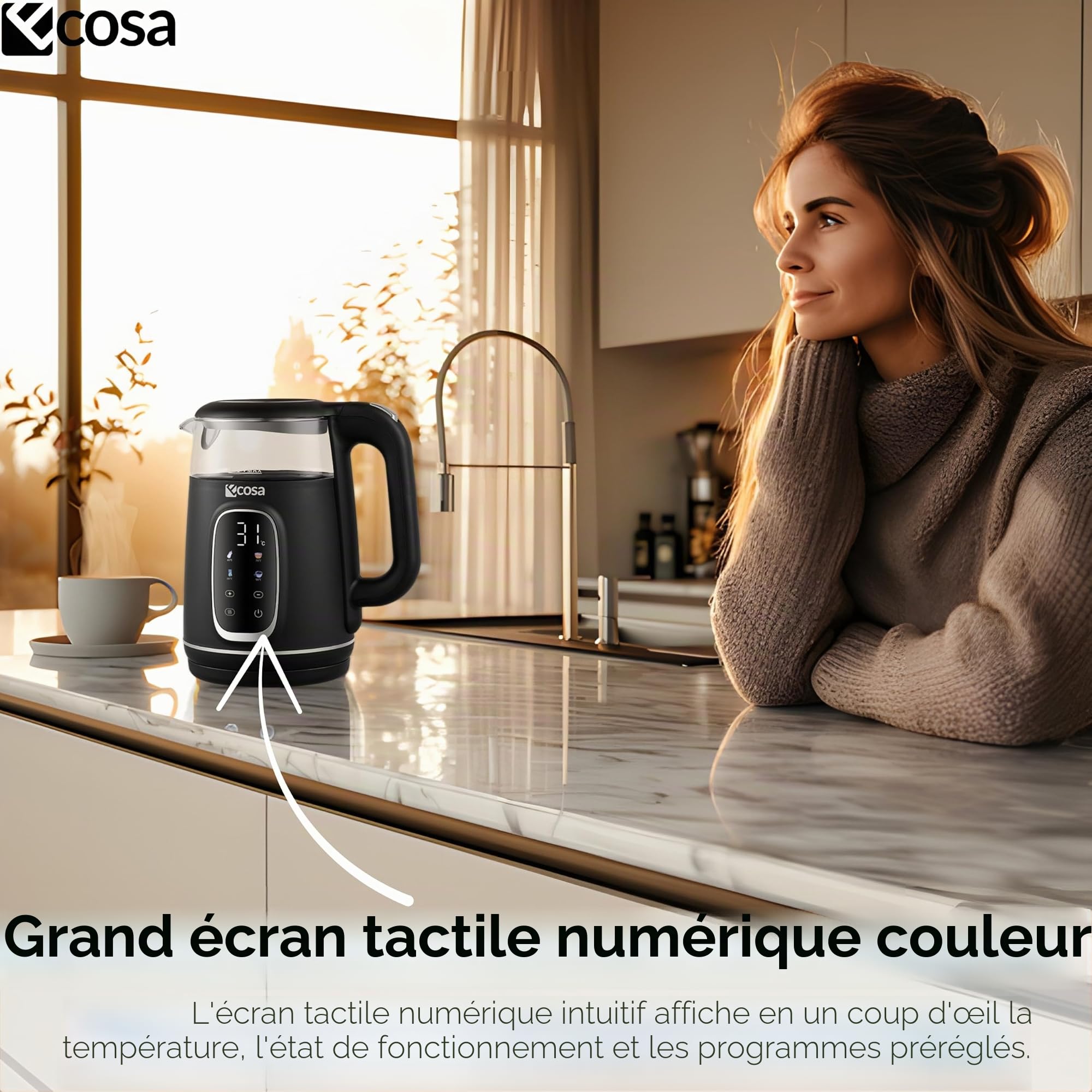 Ecosa Bouilloire avec réglage de la température, verre et acier inoxydable, bouilloire à thé, 1,7 l, 2200 W, sans BPA, avec choix de la température de 40 °C à 100 °C, fonction maintien au chaud
