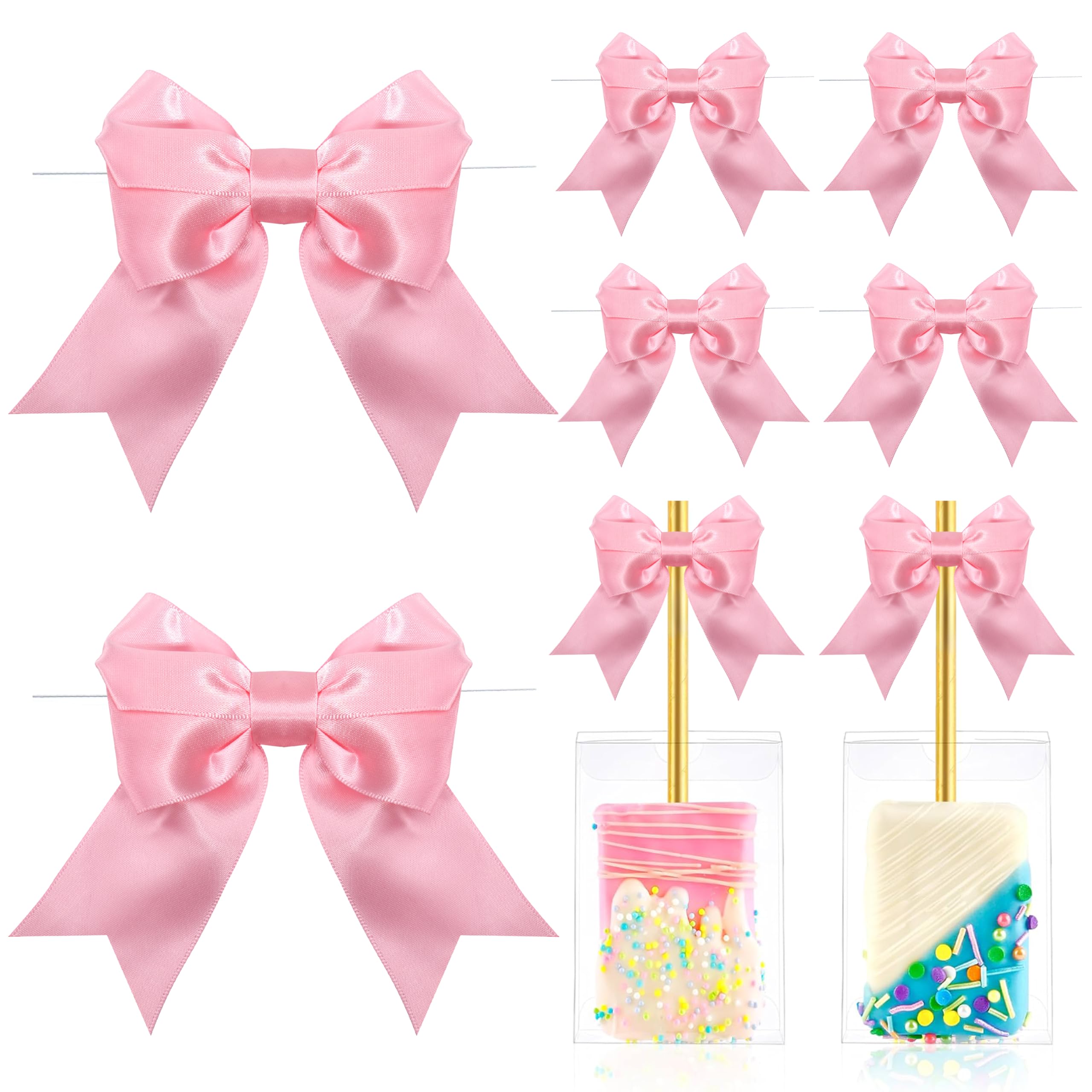 LIZLOVESS Pink Bows with Twist Ties 3.5 Inch Pre-Tied Double Satin Ribbon Bows for Gift Wrapping, Crafts, Wedding Decor, Treat Bags, Candy Apple,