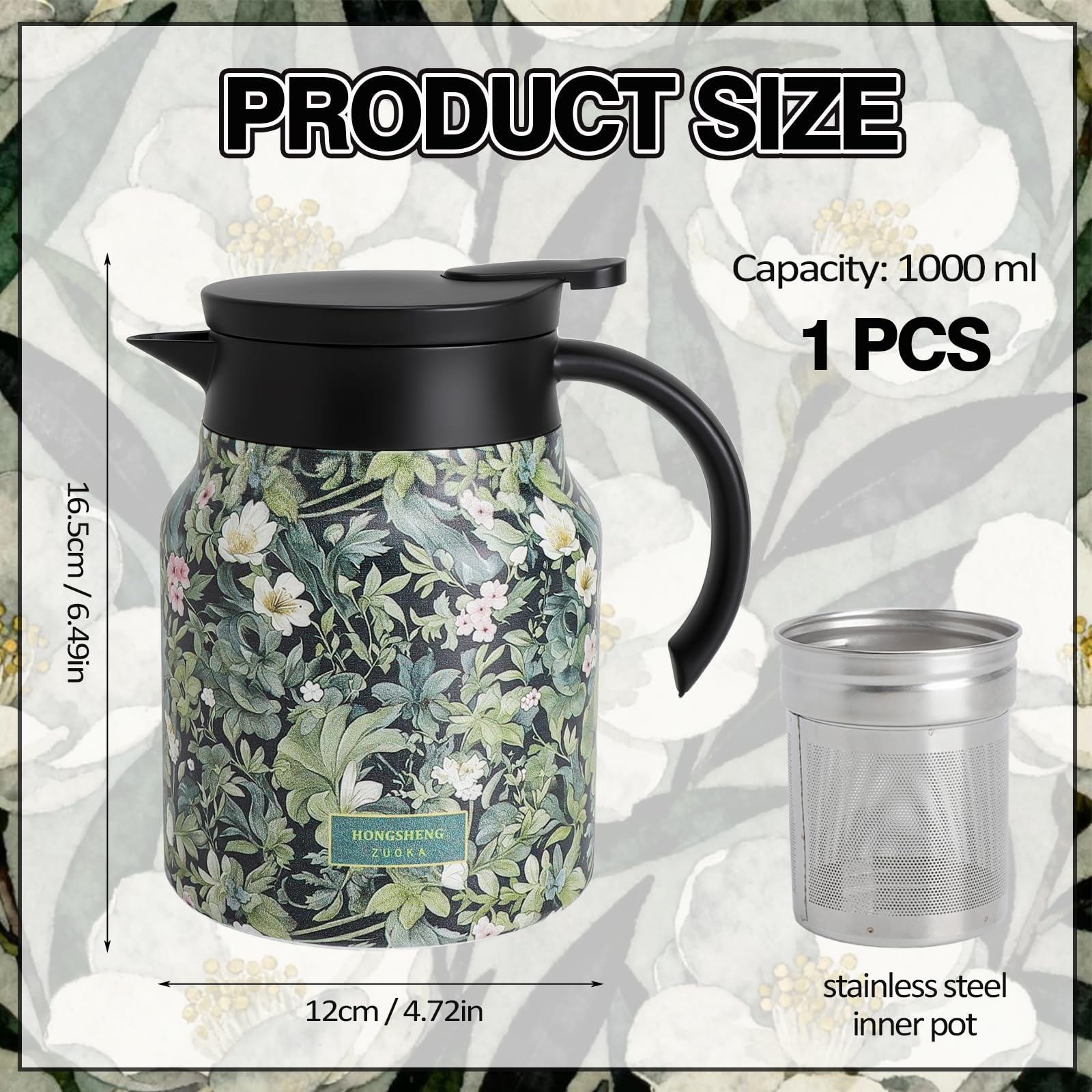Caraffa Termica con Filtro per Tè, Thermos 1 Litro in Acciaio Inox con Motivo Floreale, Termos Caffè Doppio Strato, Sottovuoto Thermos Caffe, Thermos per Bevande Calde per Tè Latte