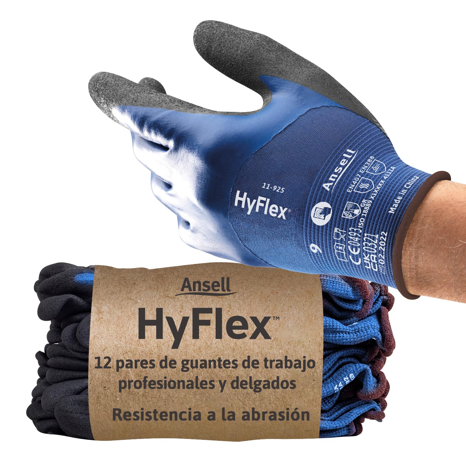 Ansell HyFlex 11-925 Guantes Trabajo Impermeables, Diseno Ultraligero con Recubrimiento Nitrilo Antideslizante, Guantes Mecanico y Jardineria, Guantes Hombre y Mujer, Azul, Talla L (12 Pares)