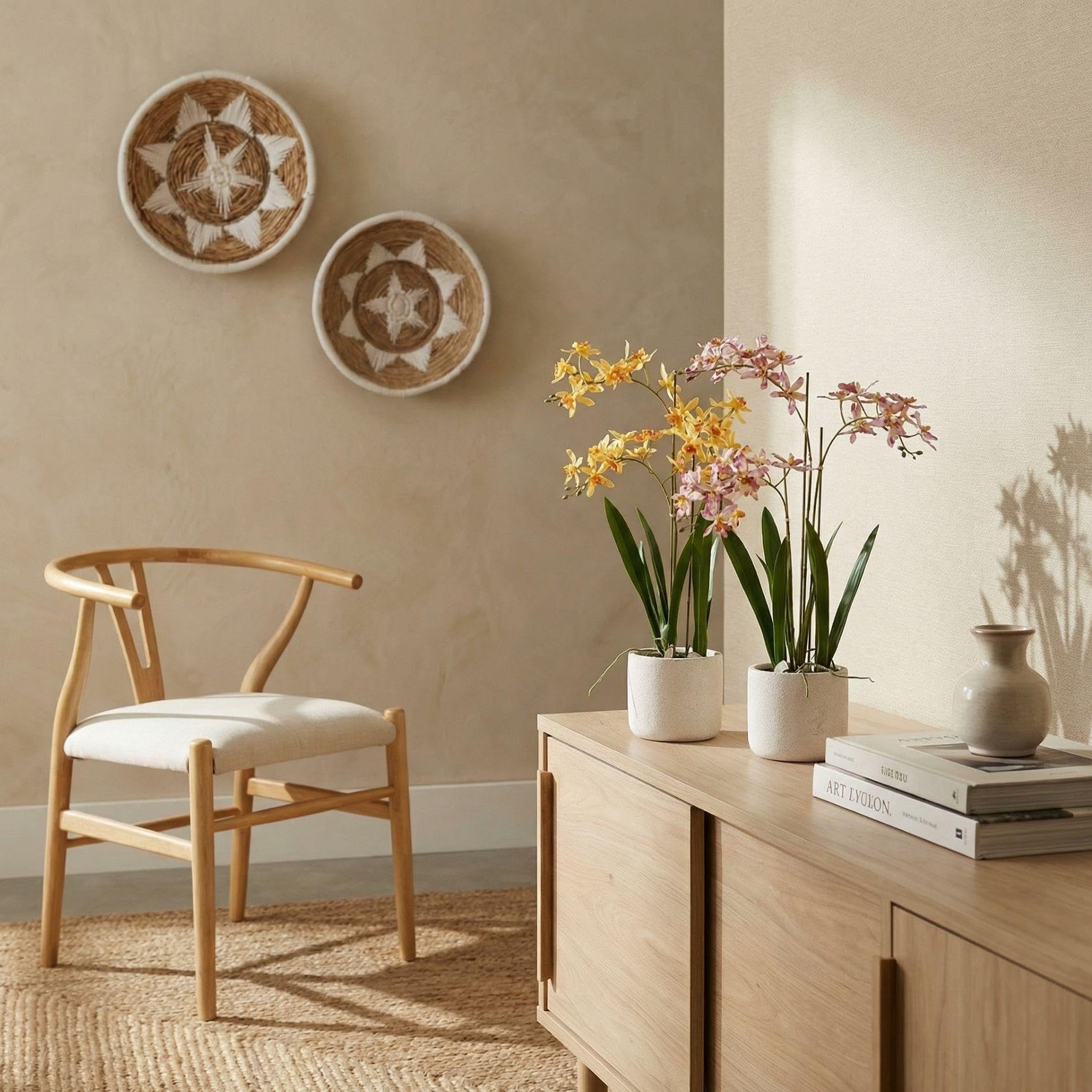Renanthera sztuczna orchidea 56 cm w doniczce – żółta pomarańczowa roślina kwitnąca sztuczna roślina w szarej doniczce – realistyczna dekoracja storczyków, bez pielęgnacji, piękna przez cały rok